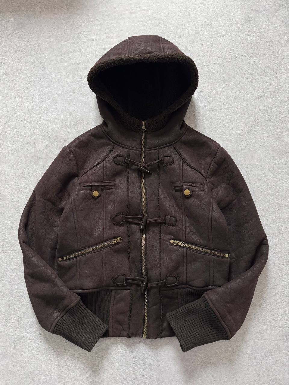 Vintage Y2K Brown Faux Shearling Hooded Toggle Jacket Distressed Size L / US 10 / IT 46 - 7 Thumbnail