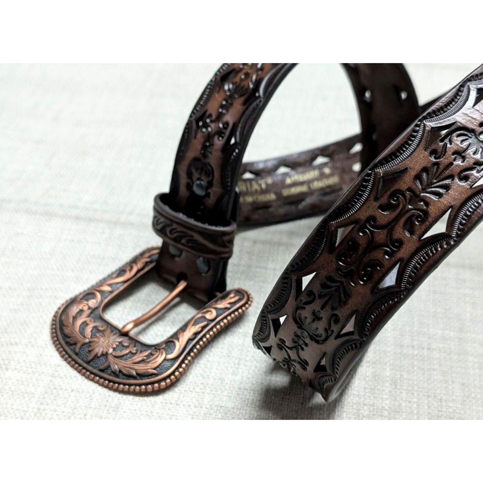 Ariat VINTAGE Ariat Western Belt 30 Brown Leather Cowhide Tooled Cut-Out Buckle Laced Belt Mens Size 30 - 3 Thumbnail
