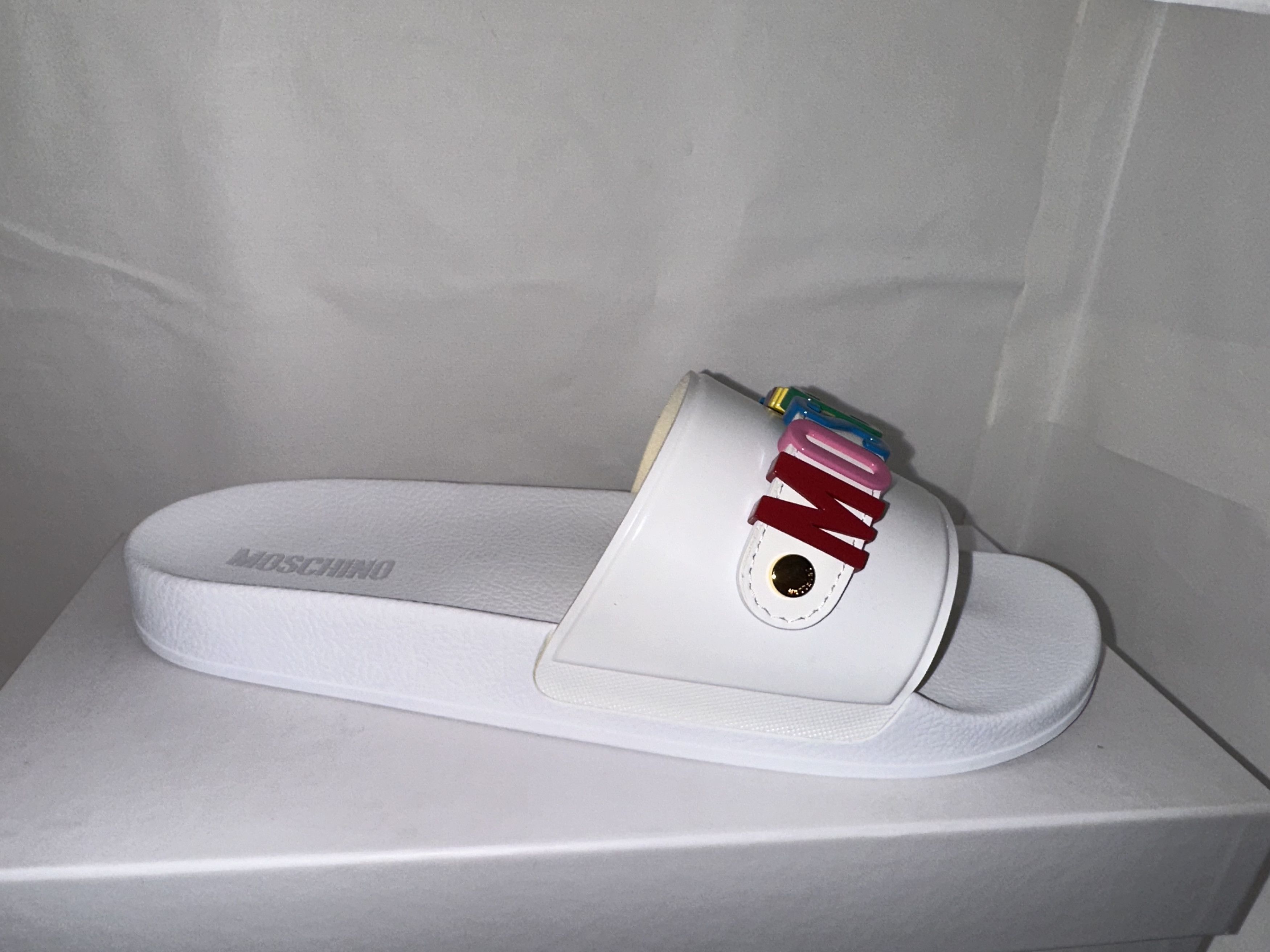 image of Moschino Leather Multi-Color Logo Sandals $470 Size 13 in White, Men's