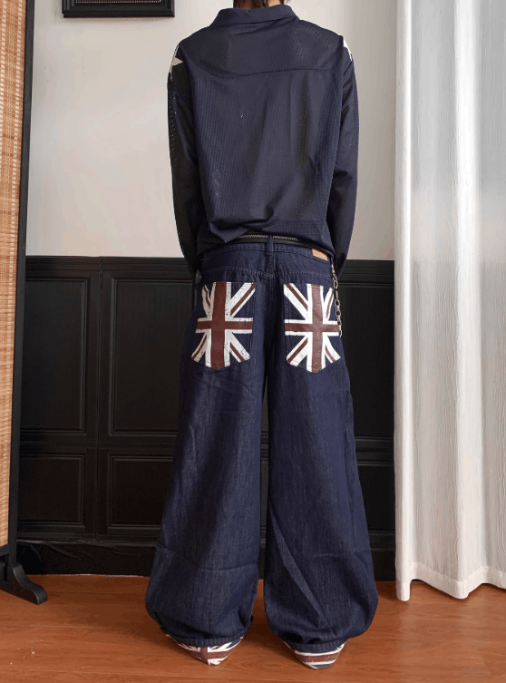 Selvedge Wide Leg Raw Denim Jeans with Union Jack Detail
