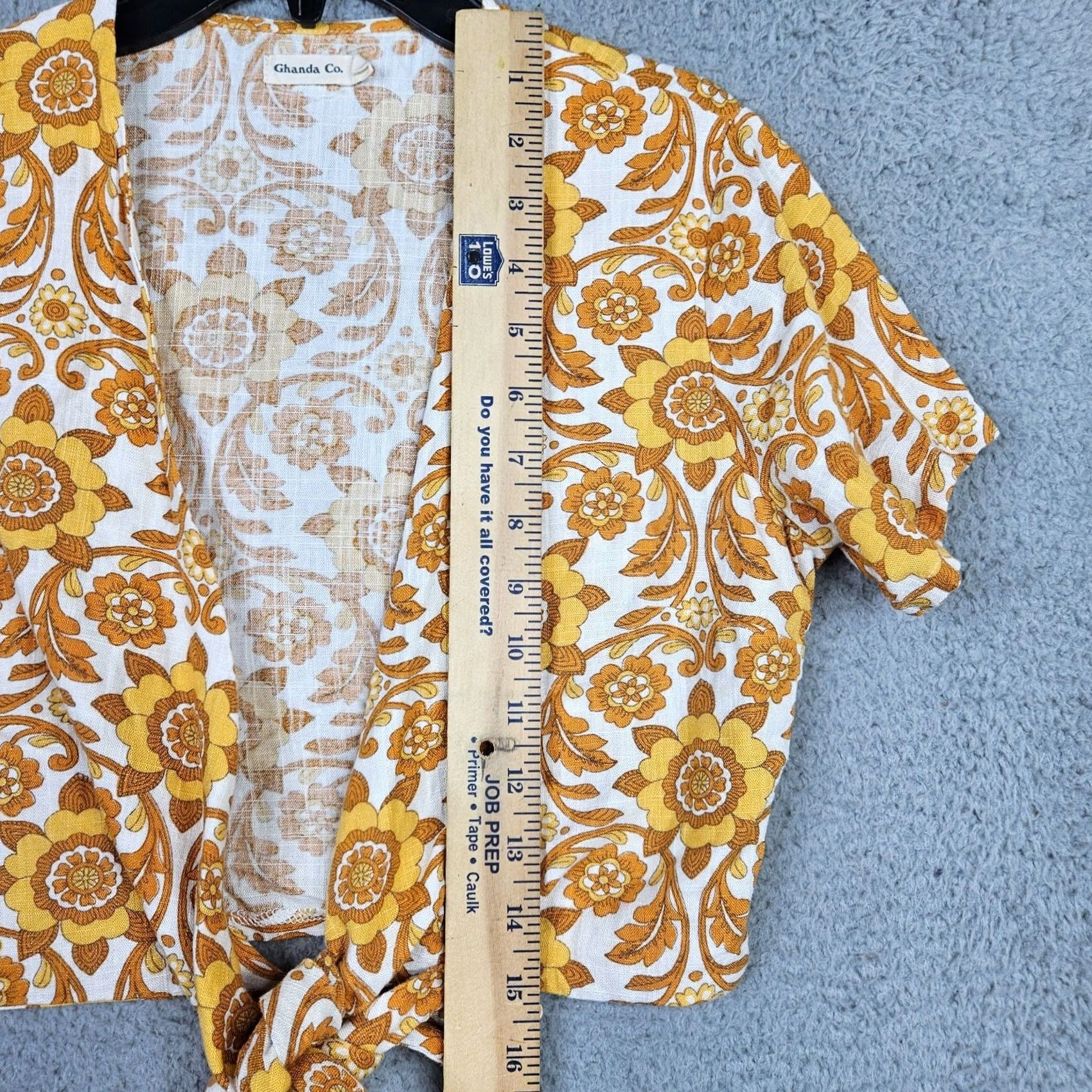 Vintage Ghanda Co. Women's Yellow Floral Printed Cropped Tie Front Shirt S Linen Viscose Blouse Short Sleeve Cropped Tie Front Knitted? Size S / US 4 / IT 40 - 3 Thumbnail