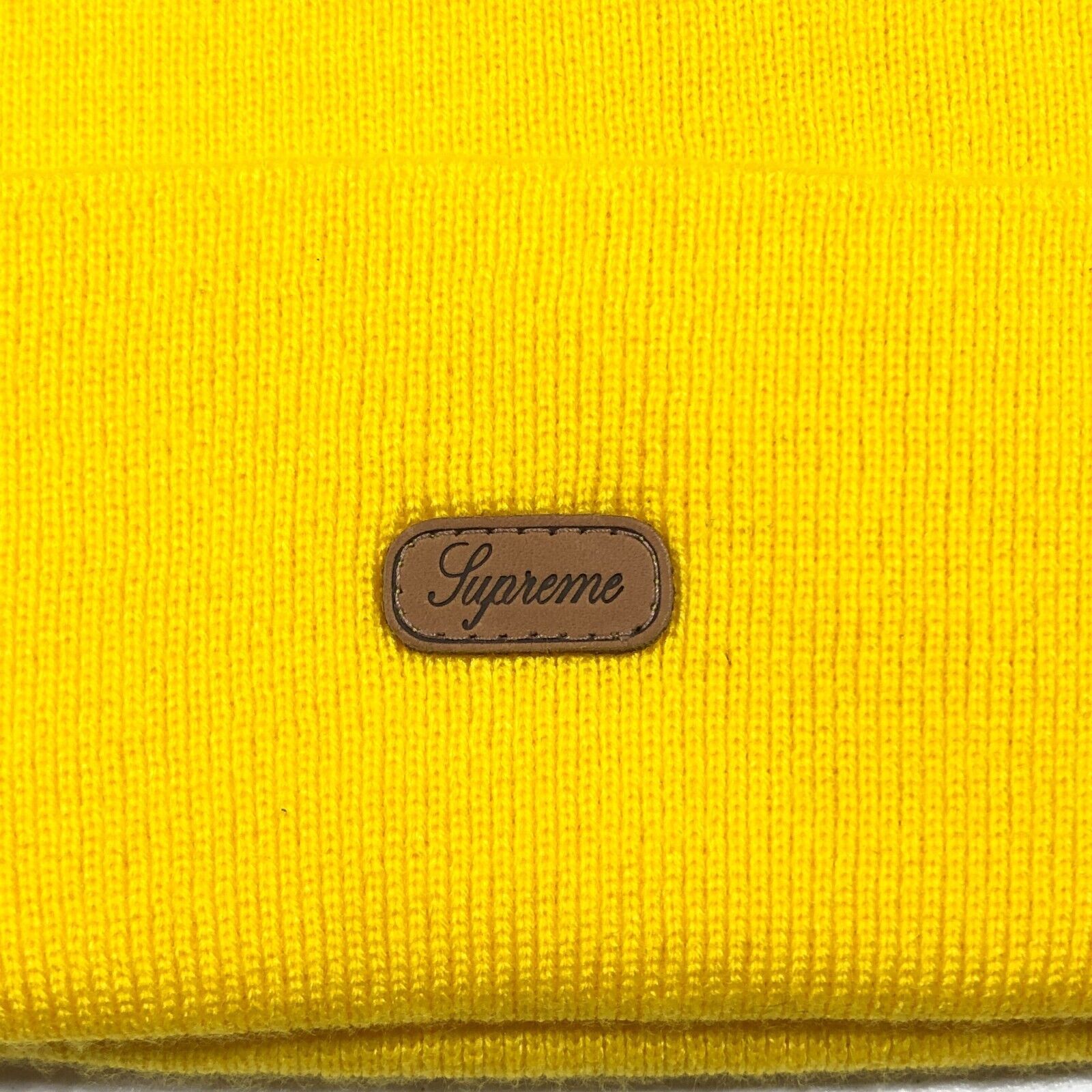 Supreme New FW14 Supreme Script Leather Patch Beanie Yellow Rare H1 Size ONE SIZE - 2 Thumbnail