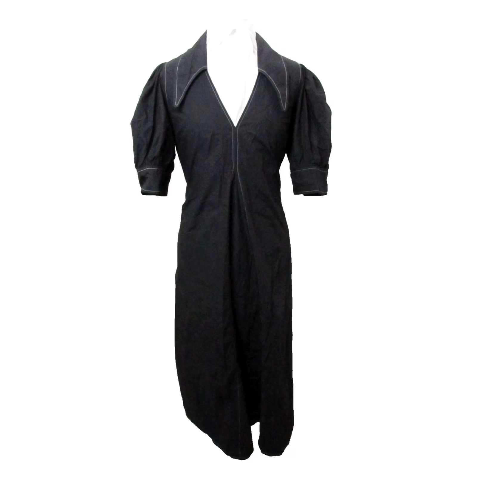 Ganni GANNI Dress Midi Black White Stitching Puff Sleeve V-Neck Pullover Large Women Regular Dress Size L / US 10 / IT 46 - 2 Thumbnail
