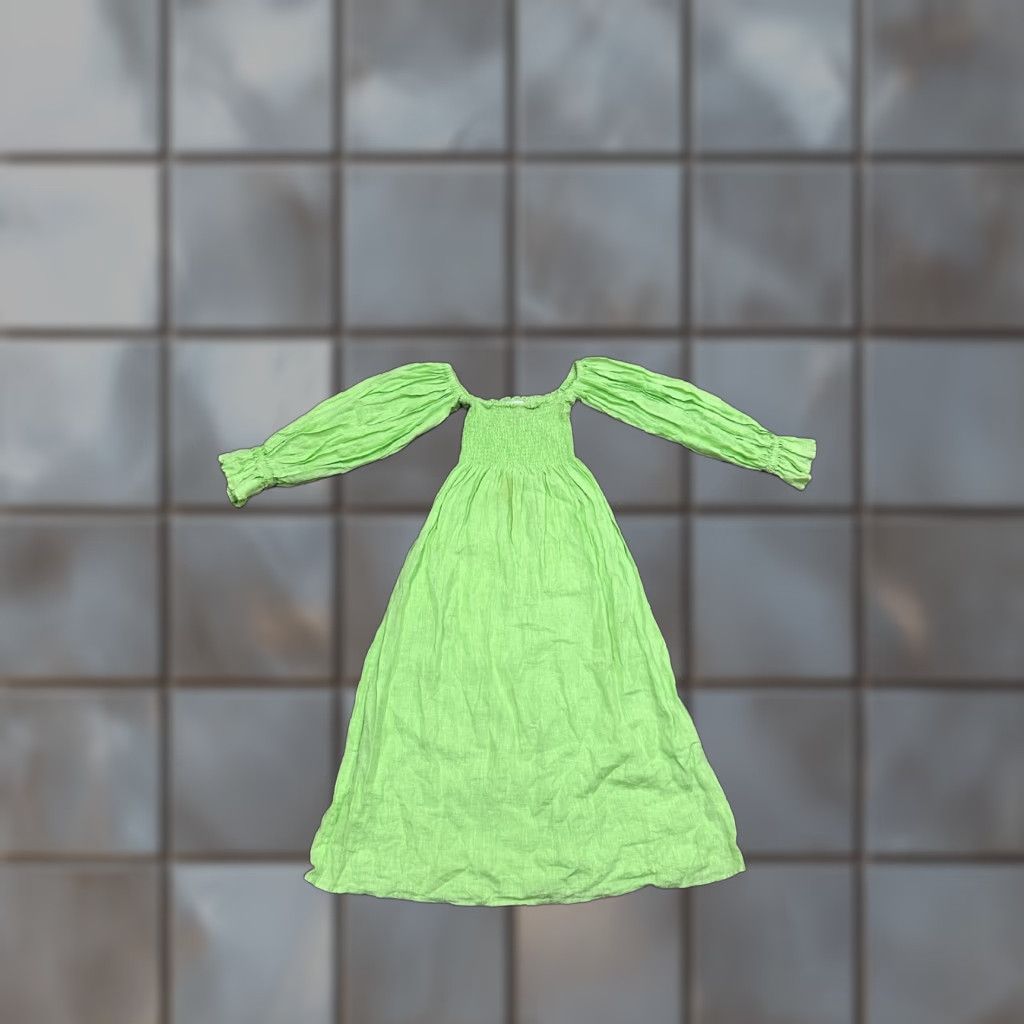 Sleeper Sleeper Dress Womens S Green Linen Smocked Midi Off the Shoulder Sleeper Size S / US 4 / IT 40 - 1 Thumbnail