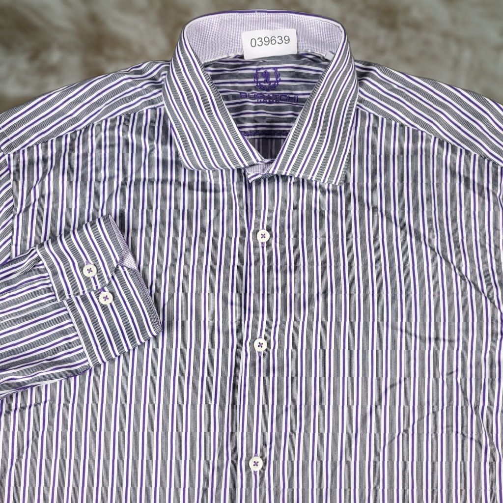 BUGATCHI Bugatchi Uomo Dress Shirt Mens 17.5 Purple Striped Button Up Long Sleeve Size 46R - 1 Thumbnail