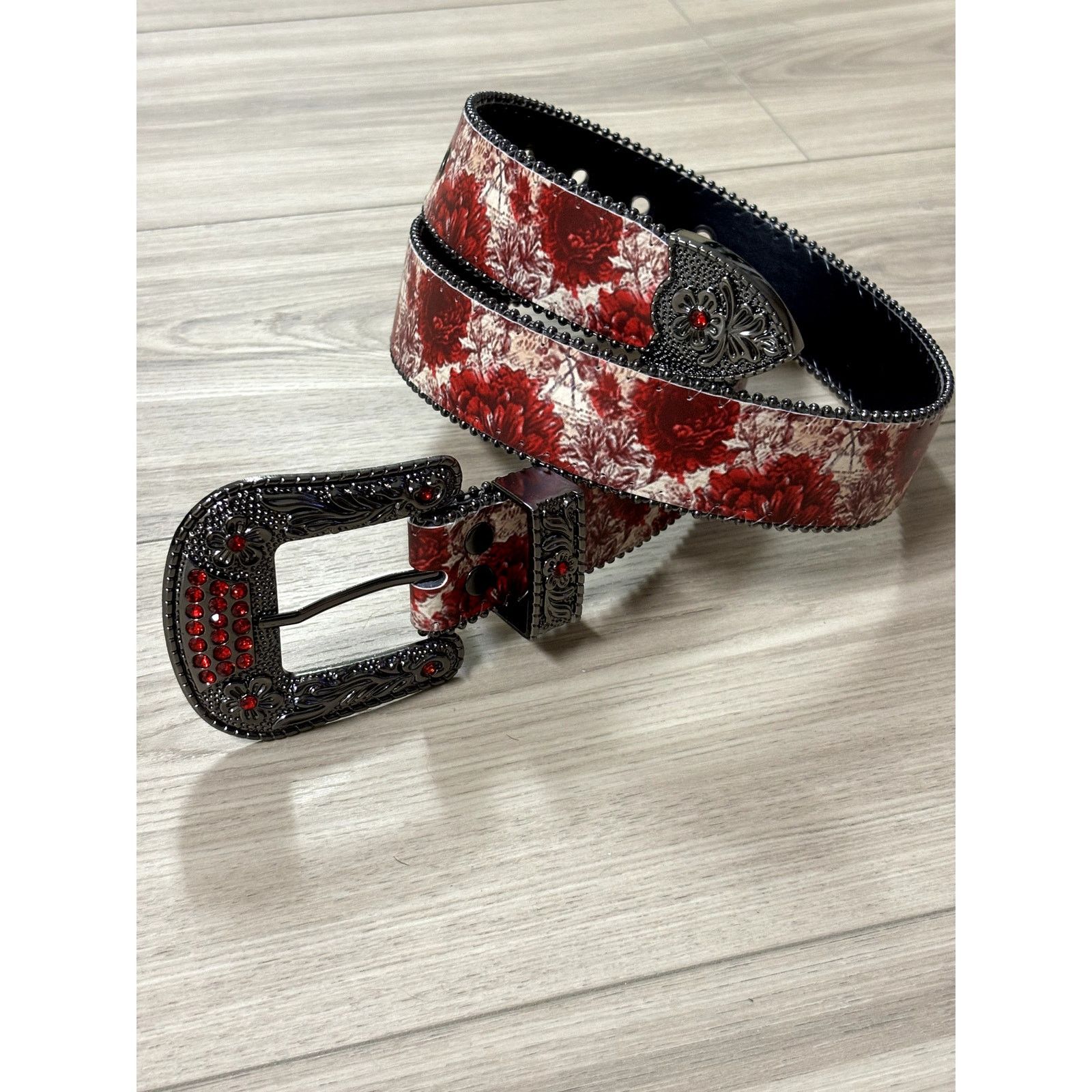Japanese Brand × Vintage E5 - Ruby Floral Rhinestone Belt Size 30 - 1 Thumbnail