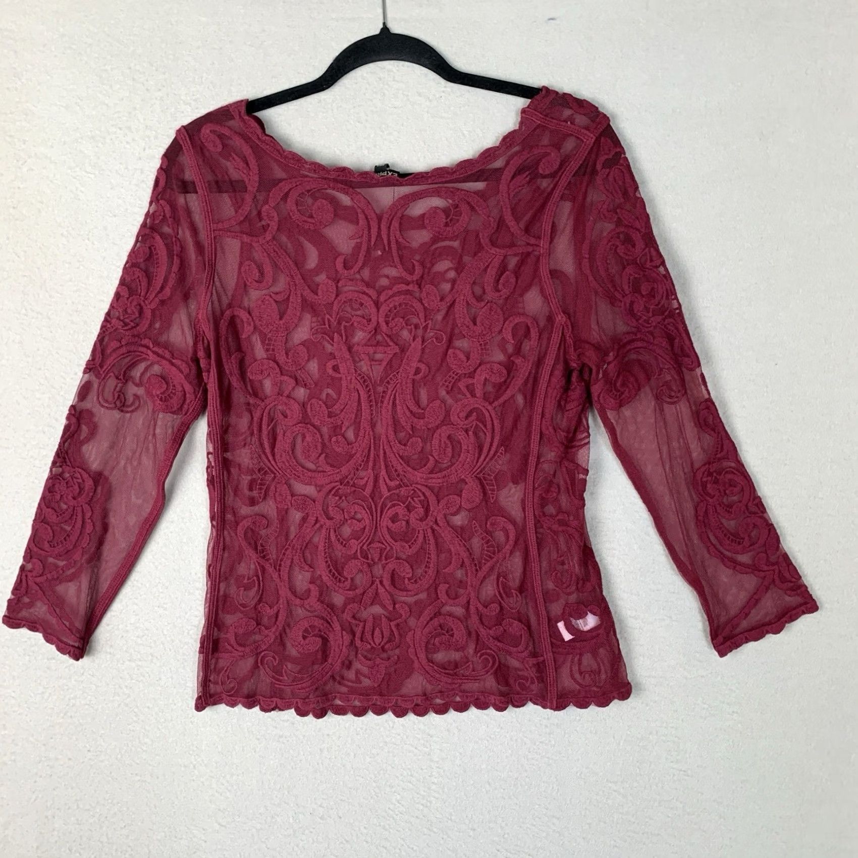 Express Express Blouse Women Small Maroon Floral Lace Sheer Goth Romantic Boho Shirt Long Sleeve Round Neck Pullover Embroidered Scalloped Hem NWT Express Top Size S / US 4 / IT 40 - 3 Thumbnail