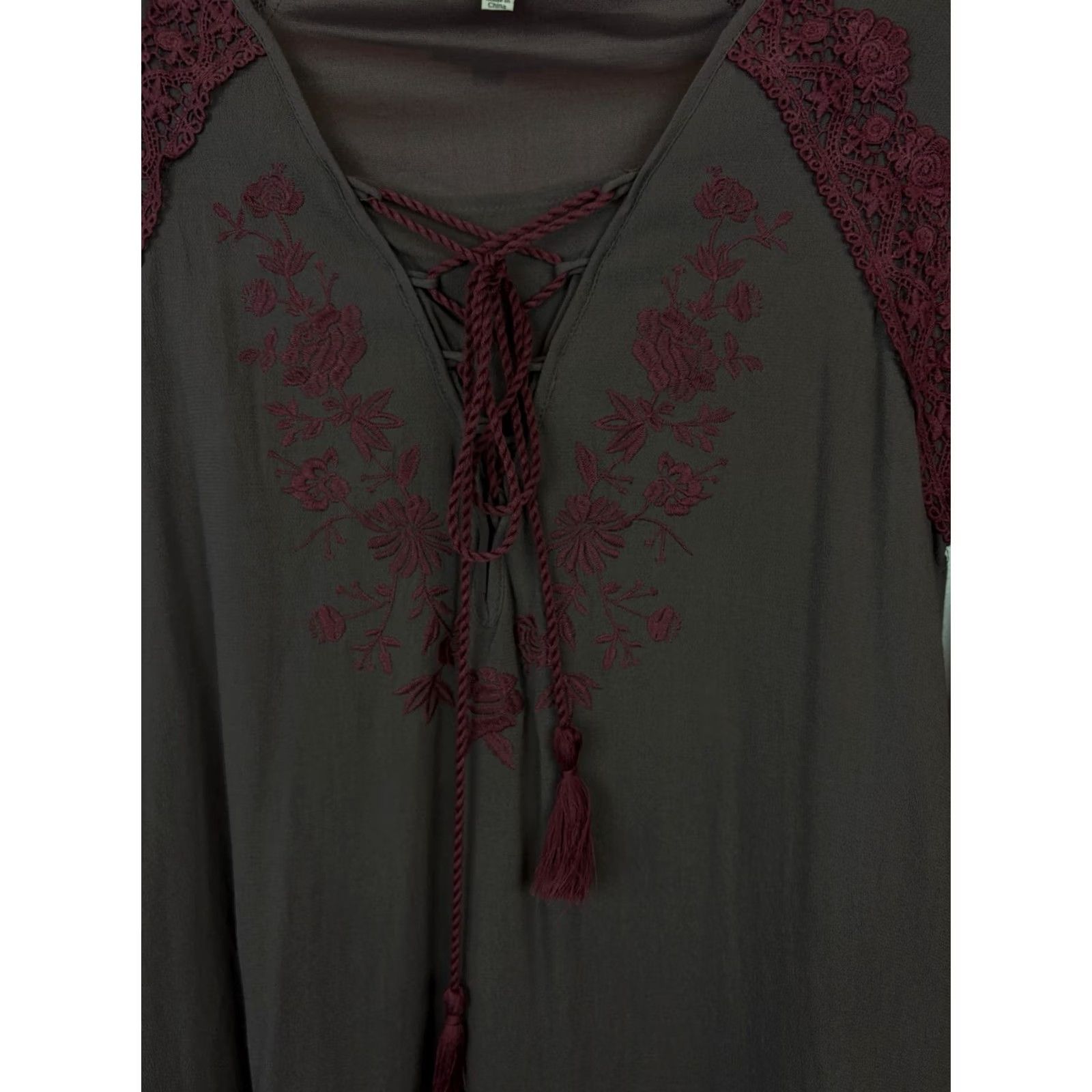 Bell UMGEE Dress Women M Boho Brown Floral Embroidered Bell Sleeve Mini Short V-Neck Size M / US 6-8 / IT 42-44 - 5 Thumbnail