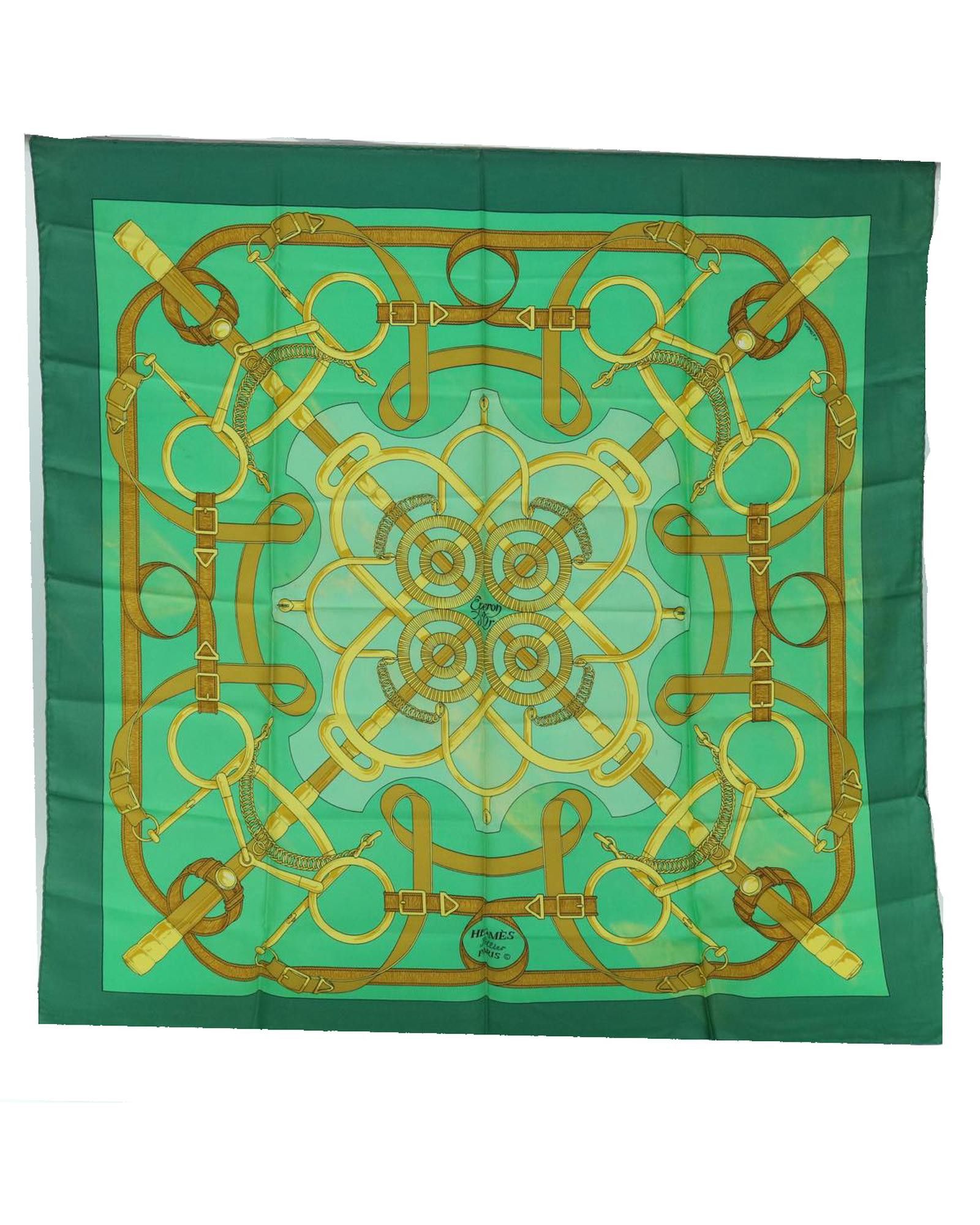 image of Green Silk Scarf With Equestrian Motif - Authentic Hermes, Women's