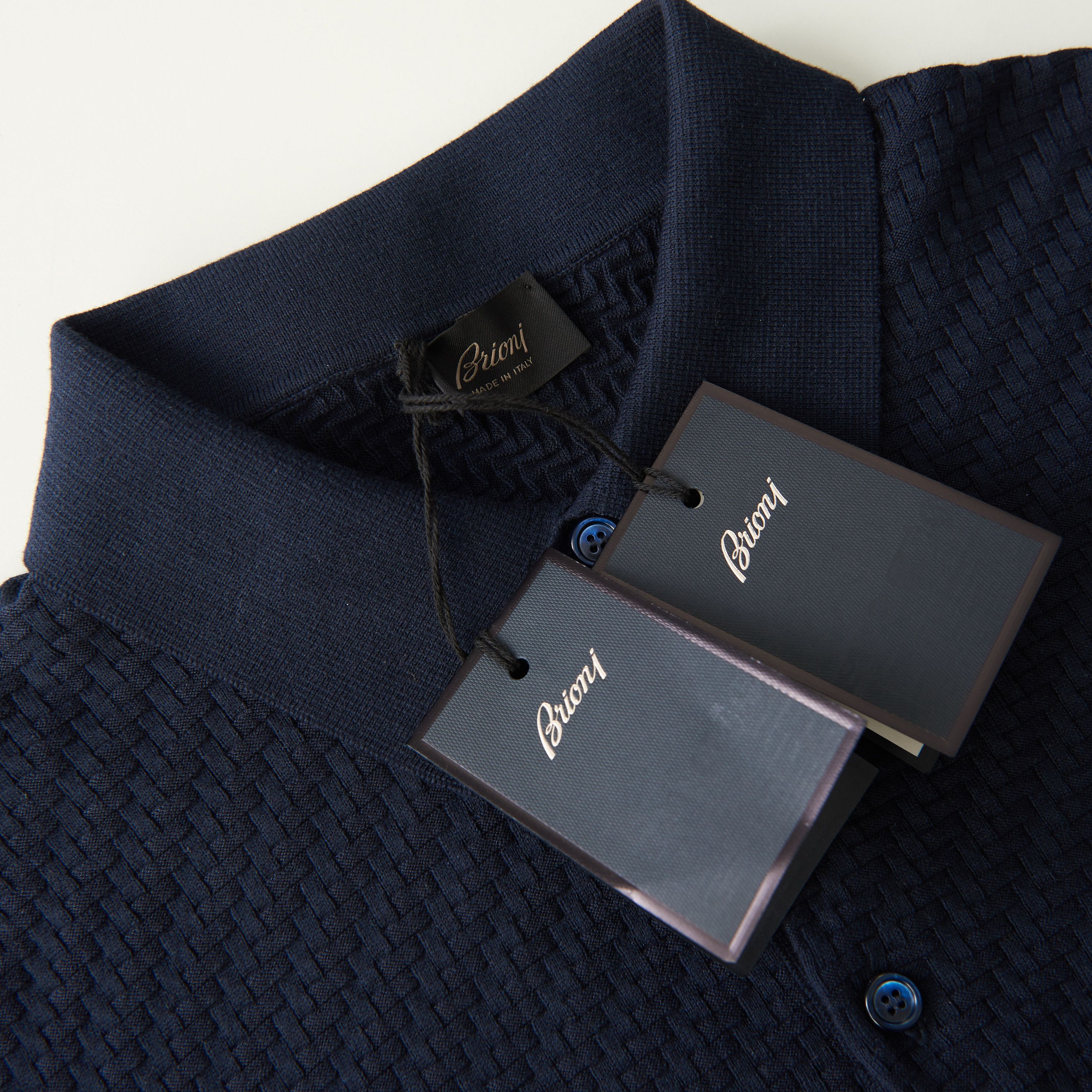 Brioni Navy Blue Cotton, Silk And Cashmere Trama Weave Polo Sweater Size US L / EU 52-54 / 3 - 9 Thumbnail