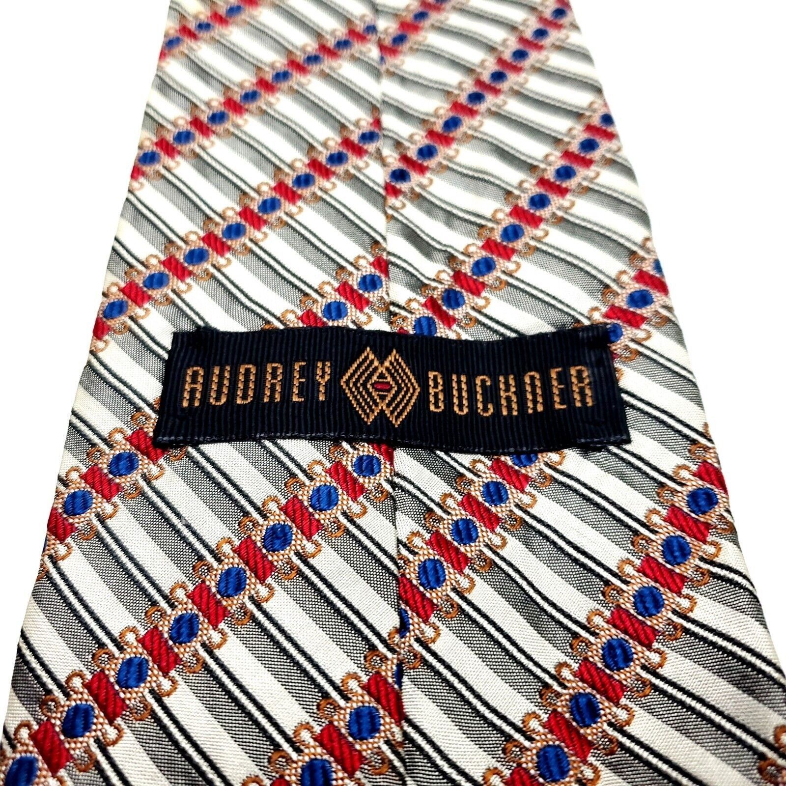 Vintage Audrey Buckner Grey & Red Silk Tie Woven Wide Striped Size ONE SIZE - 4 Thumbnail
