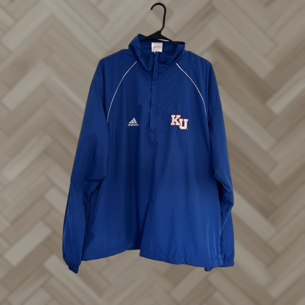 Adidas KU Kansas Adidas Windbreaker Pullover Mens XL Blue 1/4 Zip Jacket College Logo Windbreaker Lightweight Casual Regular Nylon Polyester Nylon Polyester Size US XL / EU 56 / 4 - 1 Thumbnail