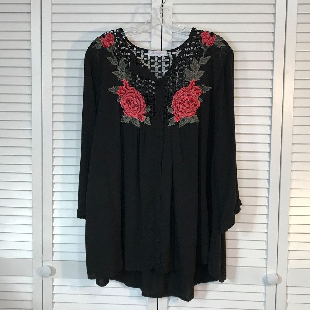 Other JJ’s Fairyland Black Floral Long Sleeve Tunic Blouse L Size L / US 10 / IT 46 - 1 Thumbnail