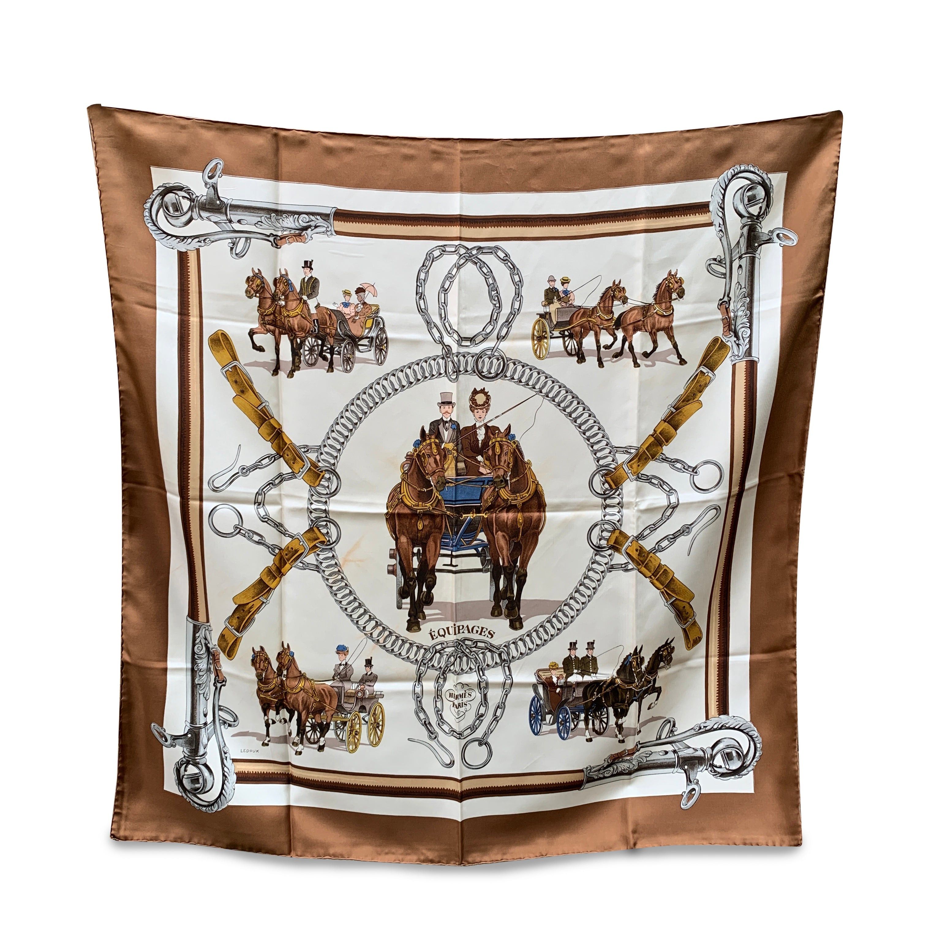 image of Hermes Paris Vintage Silk Scarf Equipages 1973 Philippe Ledoux in Brown, Women's