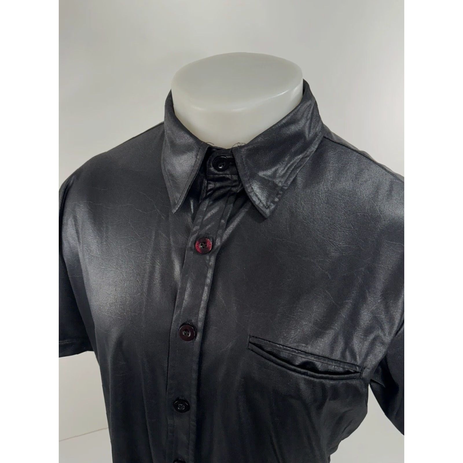 Vintage POSITANO - "LEATHER LOOK" Shiny Mens M/L Clubbing Shirt - EXCELLENT Leather Black Short Sleeve Button-Up 90s Mens C13 Size US L / EU 52-54 / 3 - 2 Thumbnail