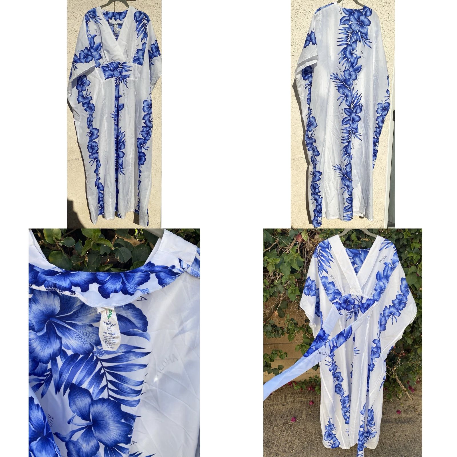 Vintage VINTAGE White Kaftan Shirt Women One Size White Blue Aloha Hawaiian Floral Tiki Casual Dress Size ONE SIZE - 8 Thumbnail