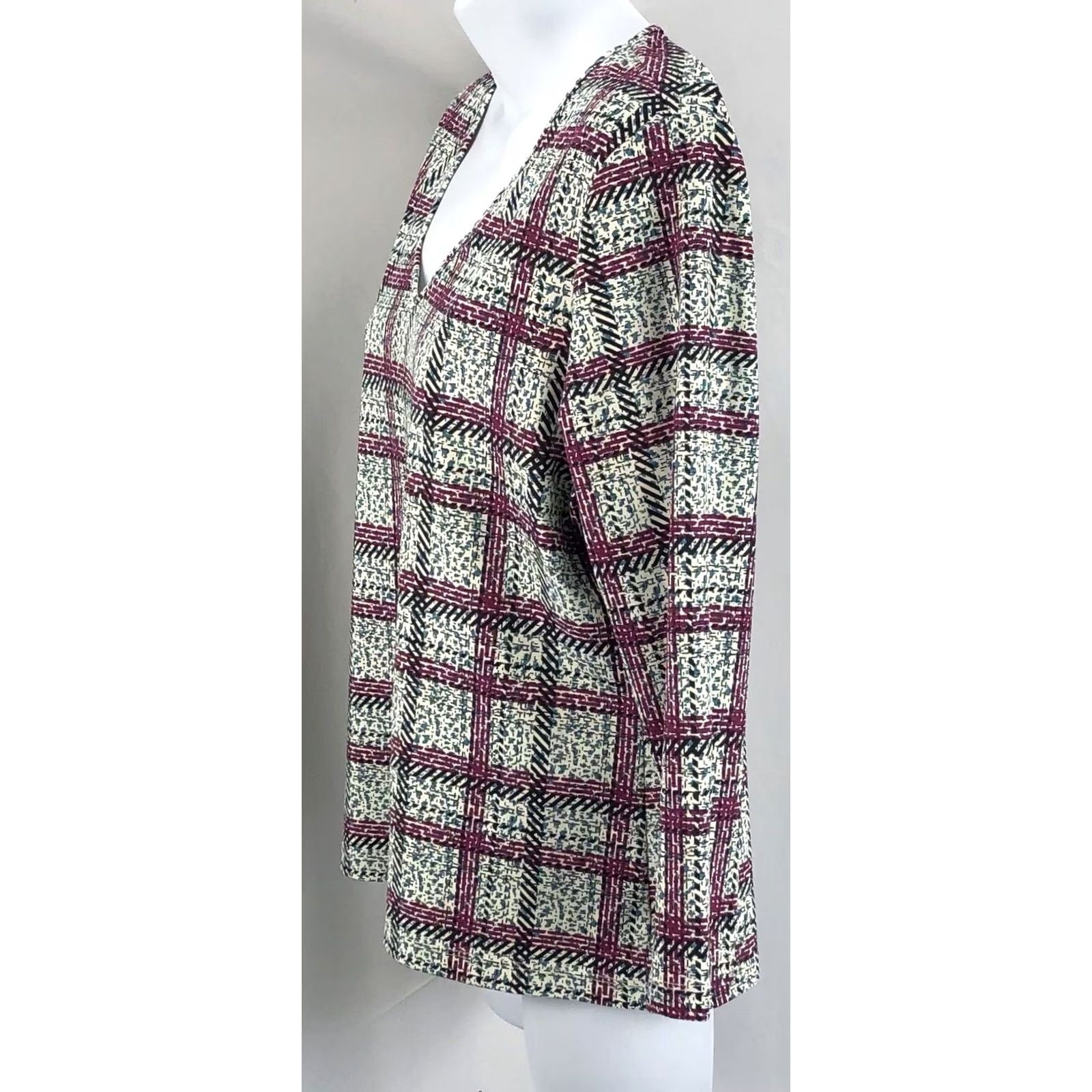 Altea Apostrophe Jersey Top L Teal Purple Plaid Geometric V-Neck 3/4 Sleeve Womens Blouse Modern Casual Wear Size L / US 10 / IT 46 - 2 Thumbnail
