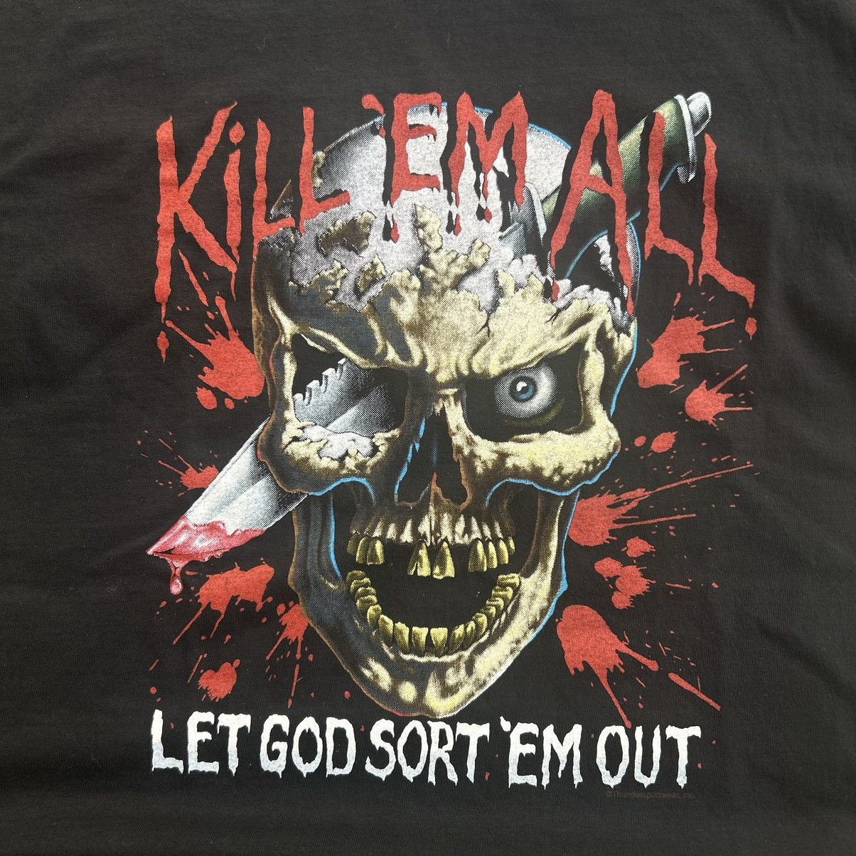 Vintage Vintage Kill Em All Let God Sort Em Out Skull Style T Shirt Size US L / EU 52-54 / 3 - 4 Thumbnail