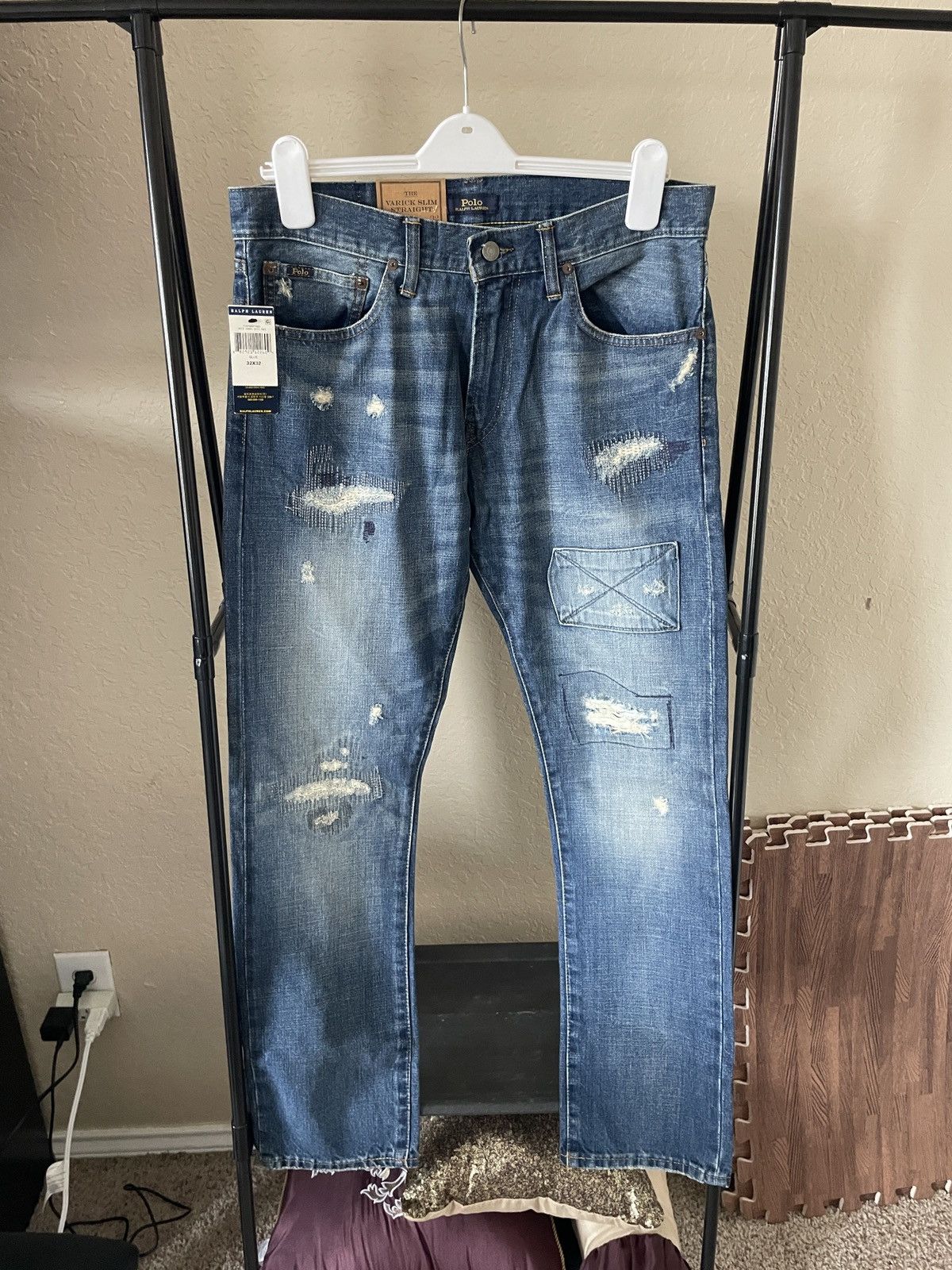 Polo Ralph Lauren Varick Slim Straight distressed patchwork jeans nwt 188.00 Size US 33 - 1 Thumbnail