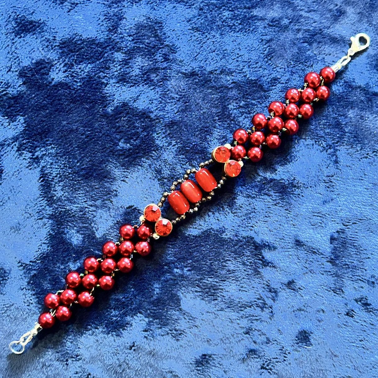 Handmade Handcrafted ruby red Czech glass pearl cat eye bracelet Size ONE SIZE - 7 Thumbnail