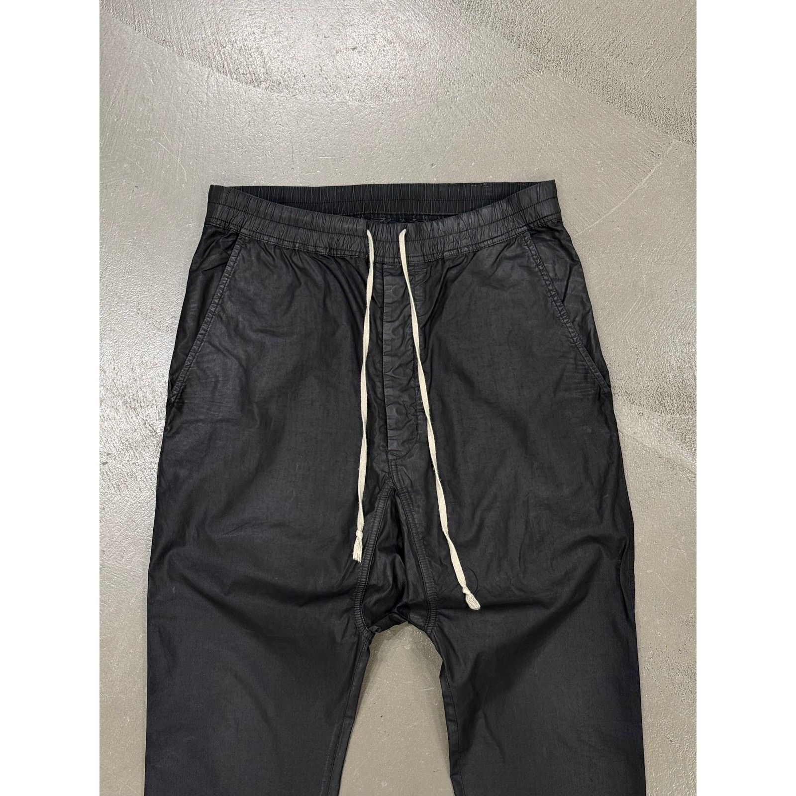 Rick Owens 2000s Rick Owens black wax drop crotch drawstring pants Size 33" - 3 Thumbnail