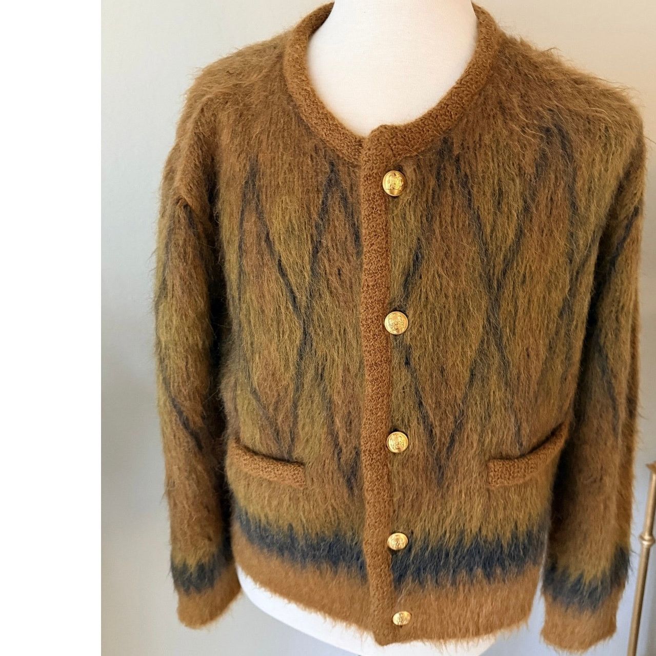 Celine Brushed Argyle Mohair Cardigan Sweater Size US L / EU 52-54 / 3 - 1 Thumbnail