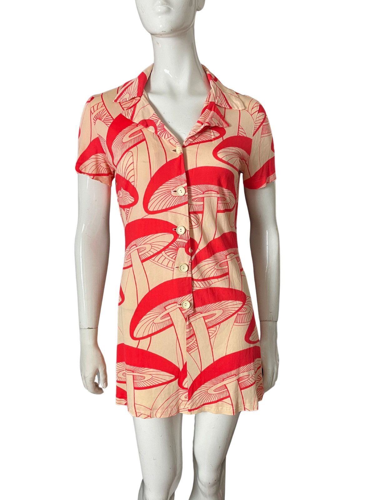 image of 1960S Vintage Mini Dress Orange Mushroom Print, Women's (Size Small)