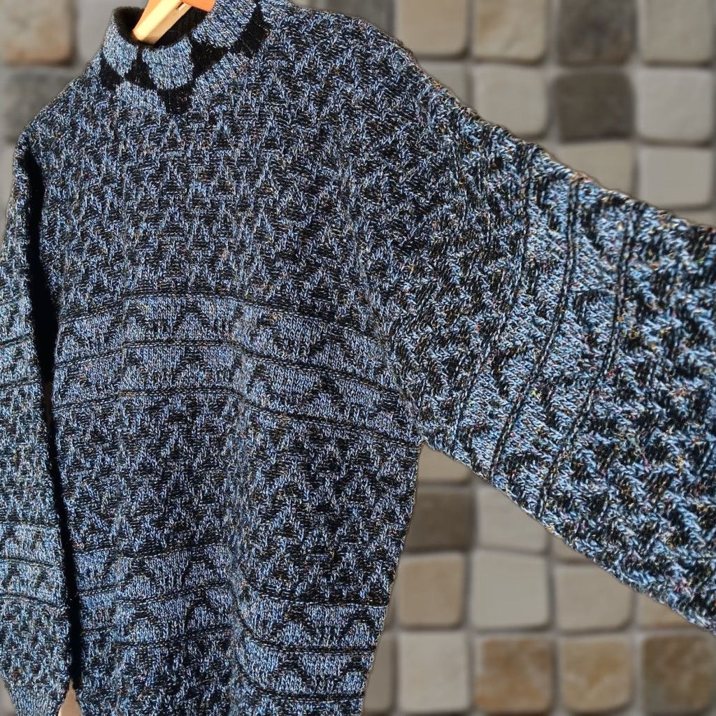 Vintage VINTAGE 1980s J.J. Cochran Geometric Pullover Sweater Large Black Blue Mock Neck Men’s Knit Size US L / EU 52-54 / 3 - 1 Thumbnail