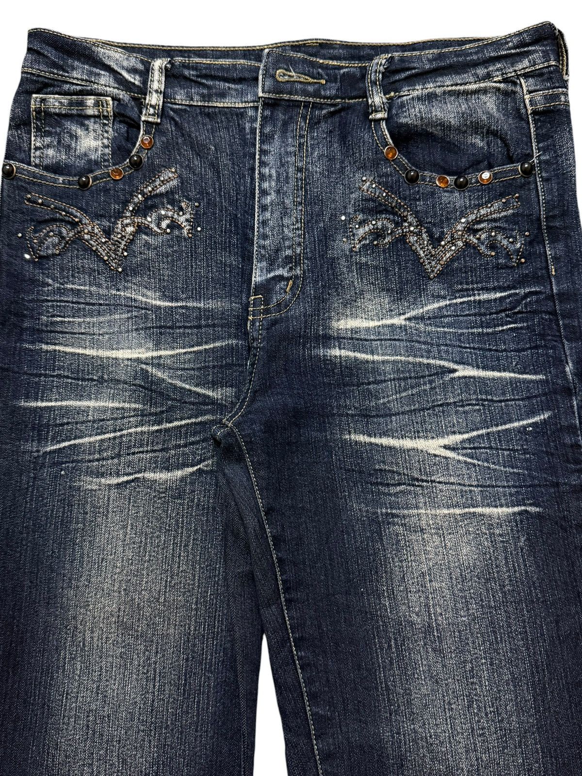 If Six Was Nine Vintage Y2K Japanese Brand Faded Wash Whisker Wide Leg Flare Size 30" / US 8 / IT 44 - 3 Thumbnail