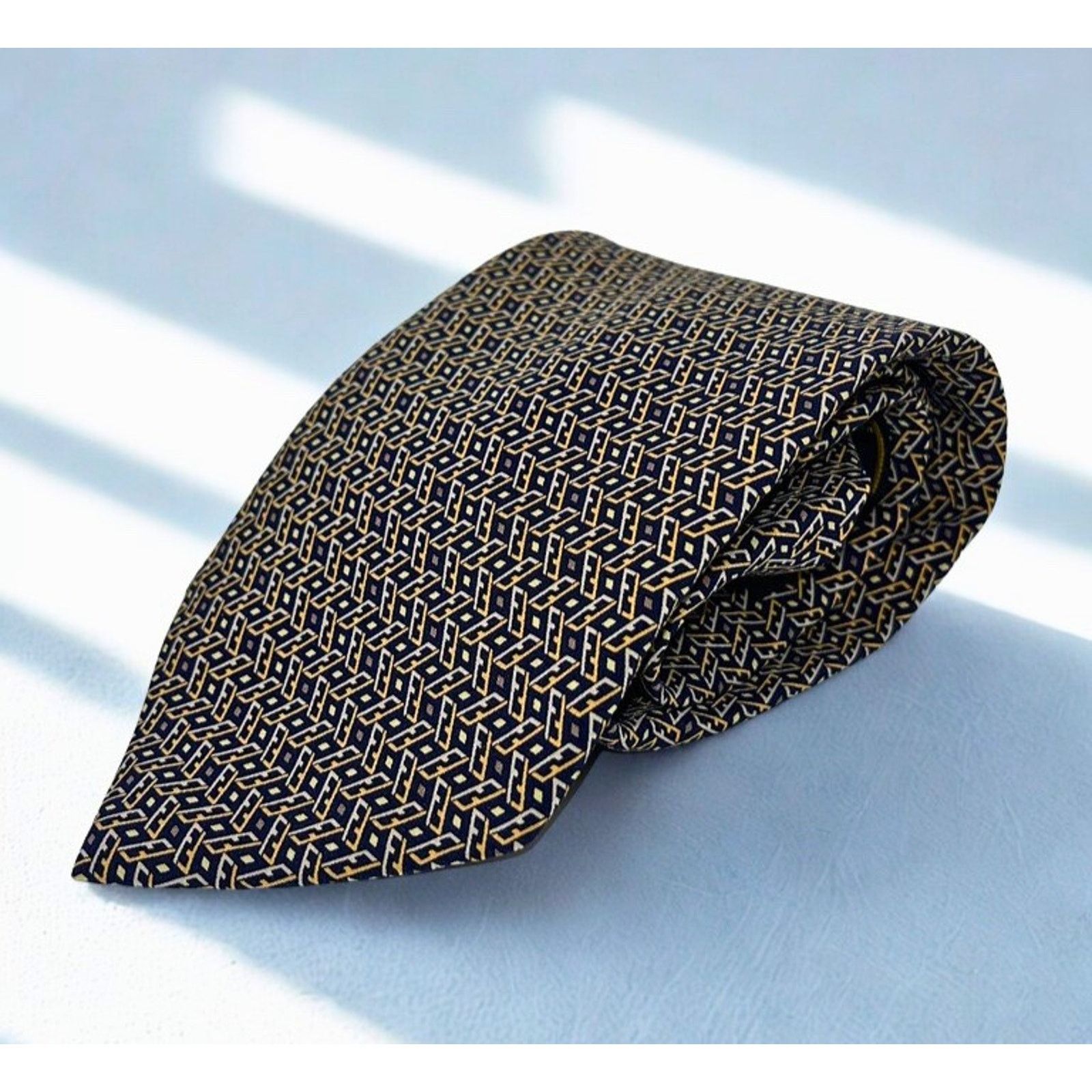Fendi Fendi Cravatte Vintage Silk Tie Navy Gold All Over FF Logo Size ONE SIZE - 1 Thumbnail