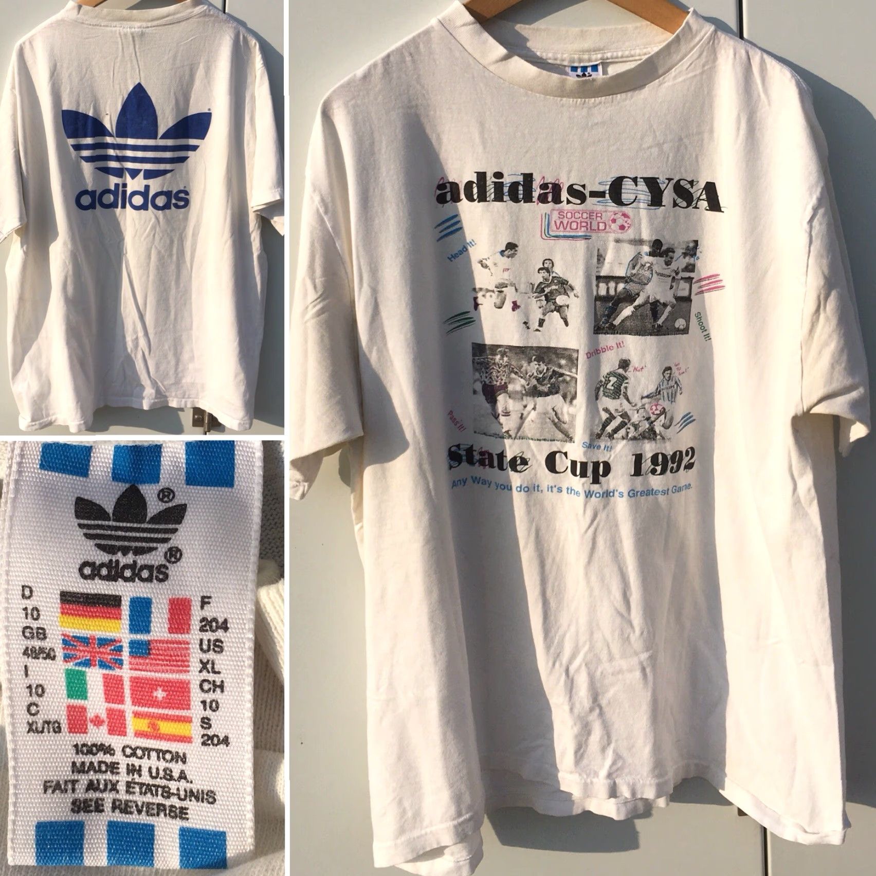 Adidas VINTAGE adidas CYSA Soccer World Cup State Cup 1992 T-Shirt XL Men White 1990s Sportswear Graphic Tee Size US XL / EU 56 / 4 - 5 Thumbnail