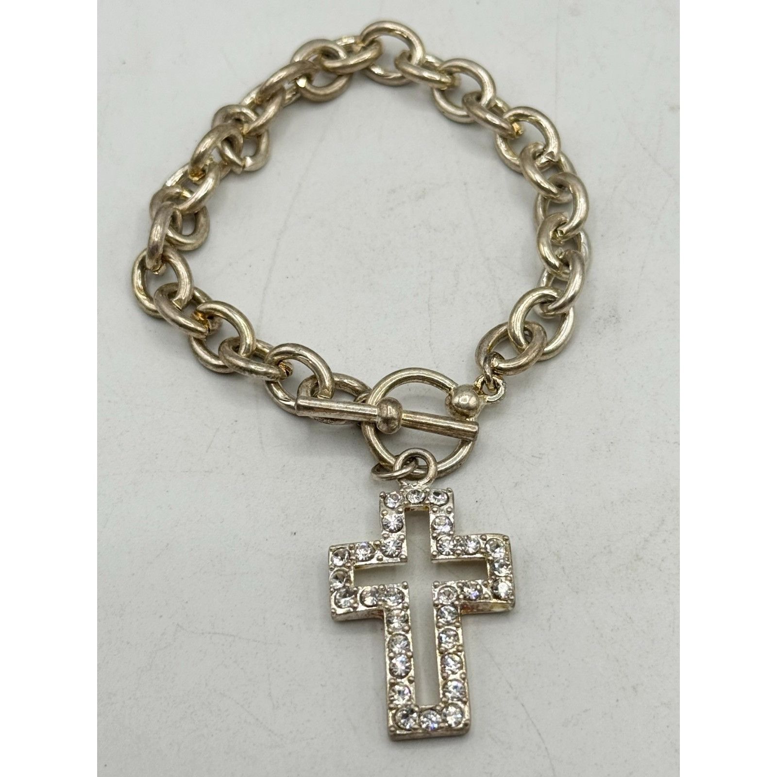 Vintage Vintage silver rhinestone cross charm bracelet Size ONE SIZE - 1 Thumbnail