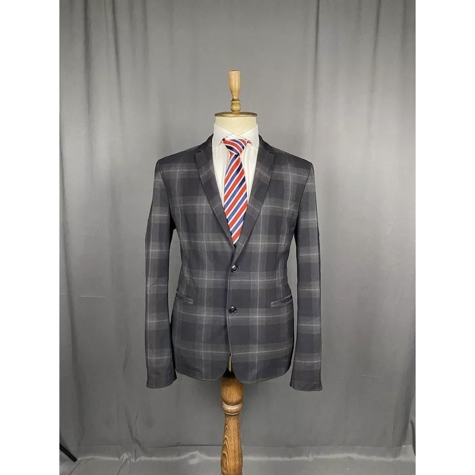 Hugo Boss Hugo Boss Men's Gray Checked Blazer Sportcoat Jacket Size 52 Size 52R - 2 Thumbnail
