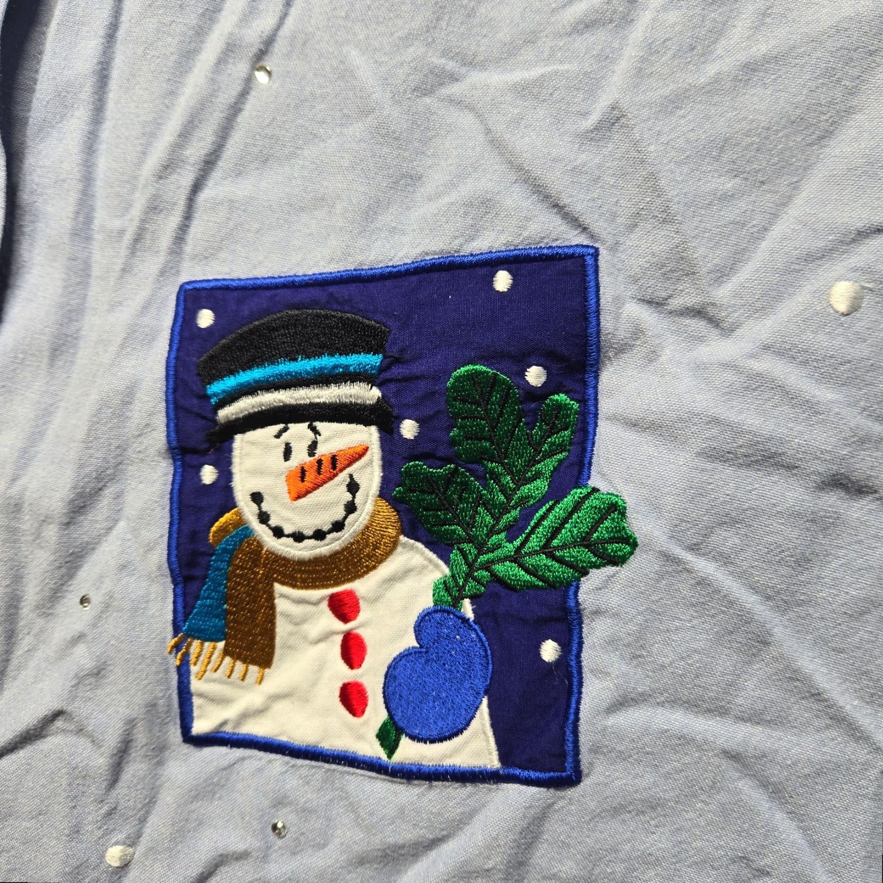 Quacker Factory The Quacker Factory Button-Up Shirt 1X Adult Women's Blue Snowman Patch Vintage No Size XL / US 12-14 / IT 48-50 - 4 Thumbnail