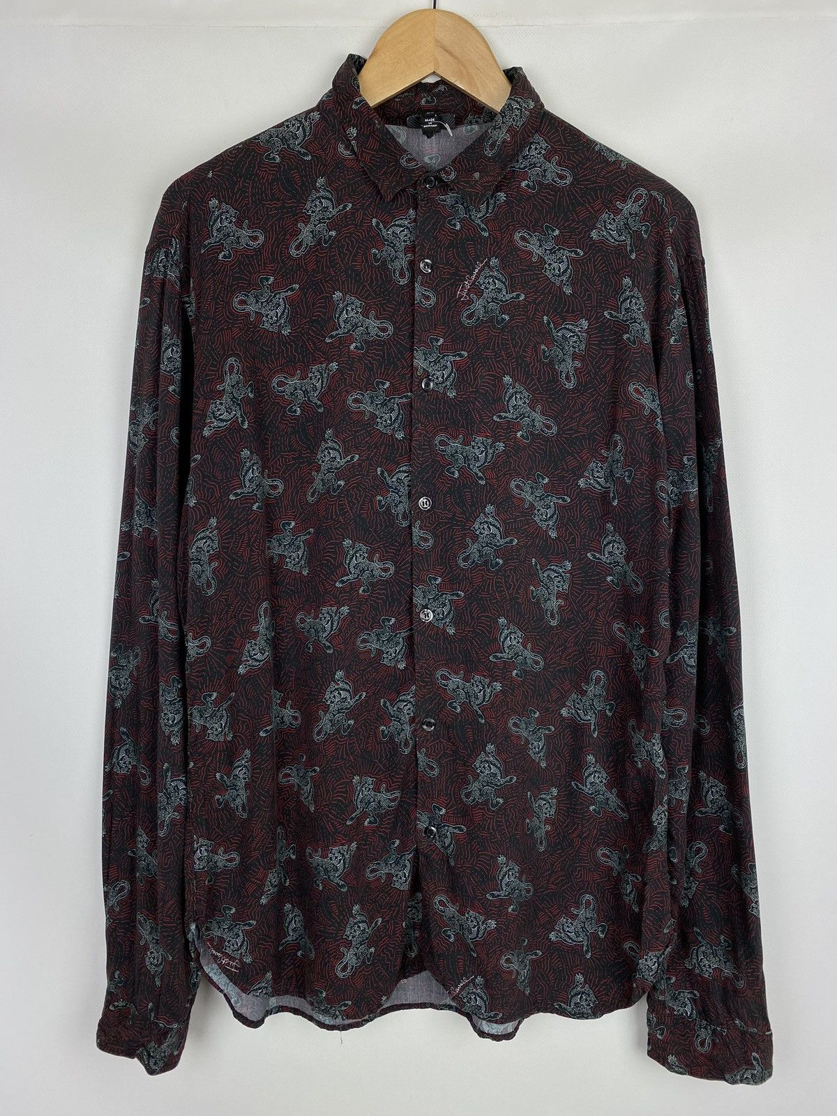 image of Roberto Just Cavalli Overprinted Tiger L/s Button Up Shirt in Burgundy, Men's (Size XL)