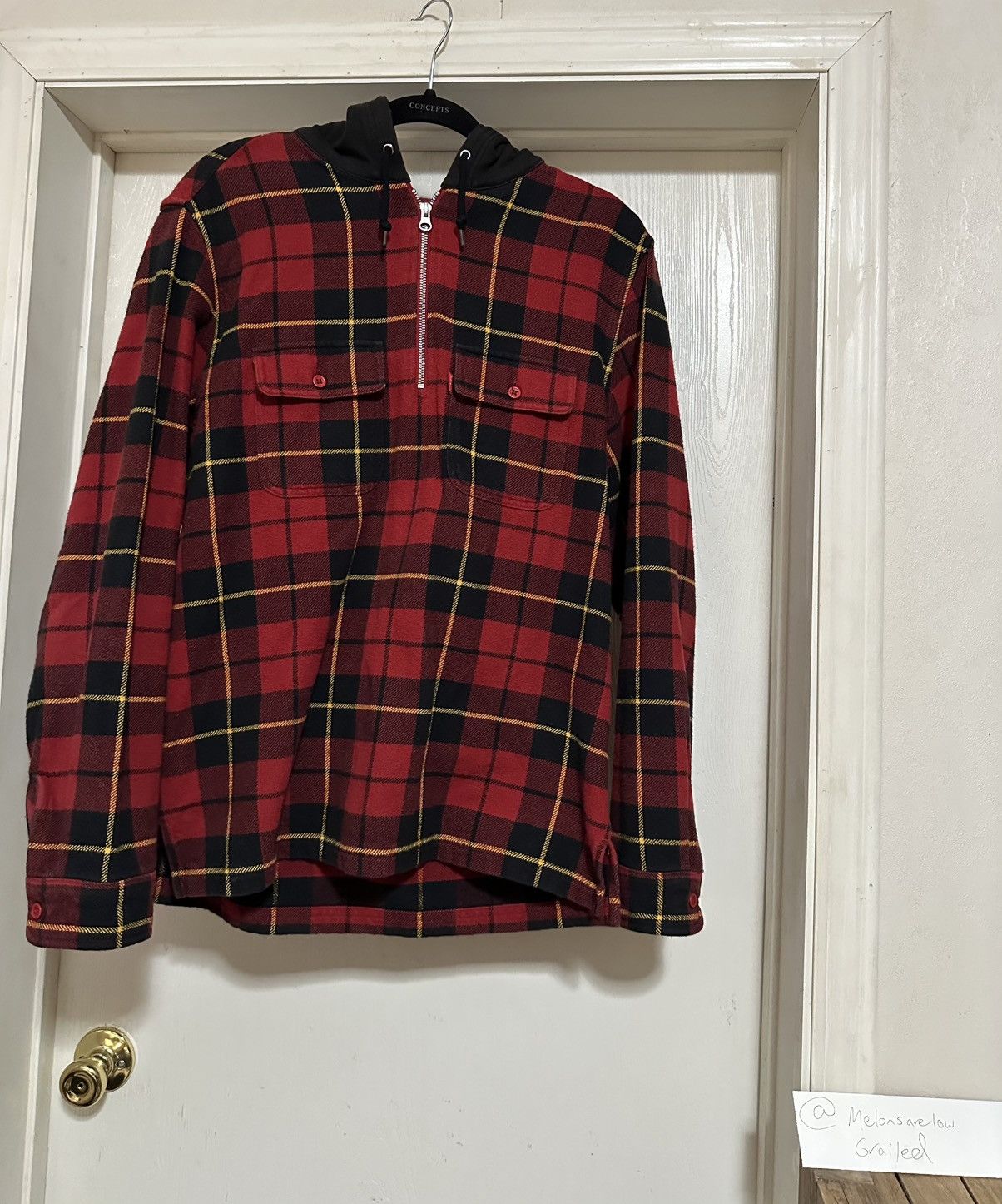 Supreme Hooded Plaid Half Zip Shirt - Red, Medium Size US M / EU 48-50 / 2 - 1 Thumbnail