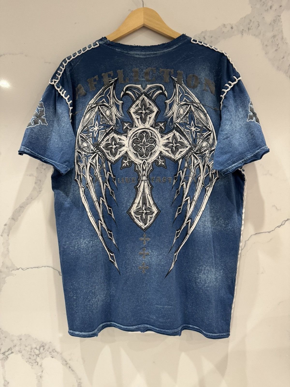 Affliction Vintage Y2K Affliction Live Fast Cross Acid Wash T Shirt Size US XL / EU 56 / 4 - 6 Thumbnail