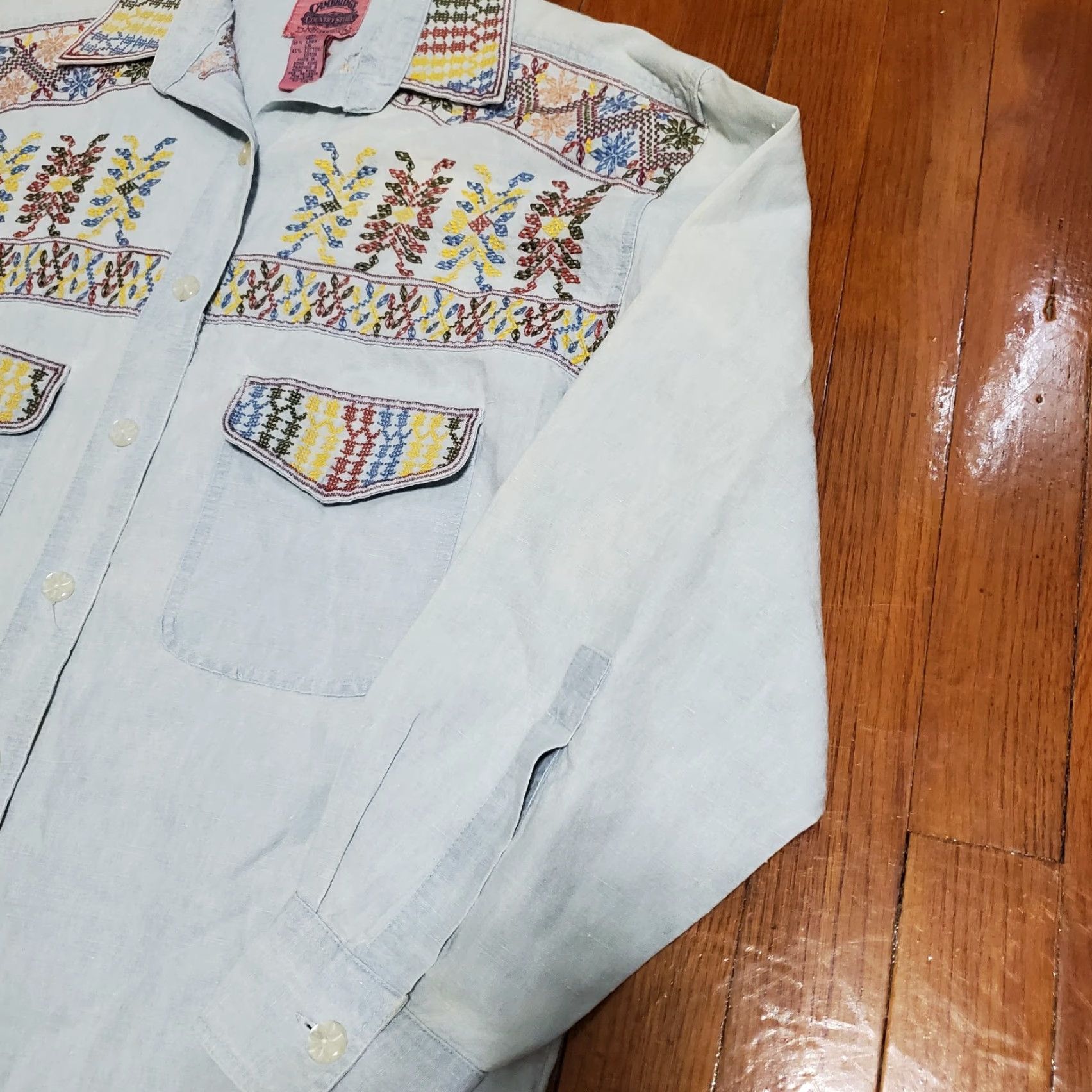 Vintage VINTAGE Cambridge Country Store Women Sz 12 Blue Linen Blend Shirt Southwestern Shirt Regular Womens 90s Bohemian Beige? Wait Size XL / US 12-14 / IT 48-50 - 3 Thumbnail