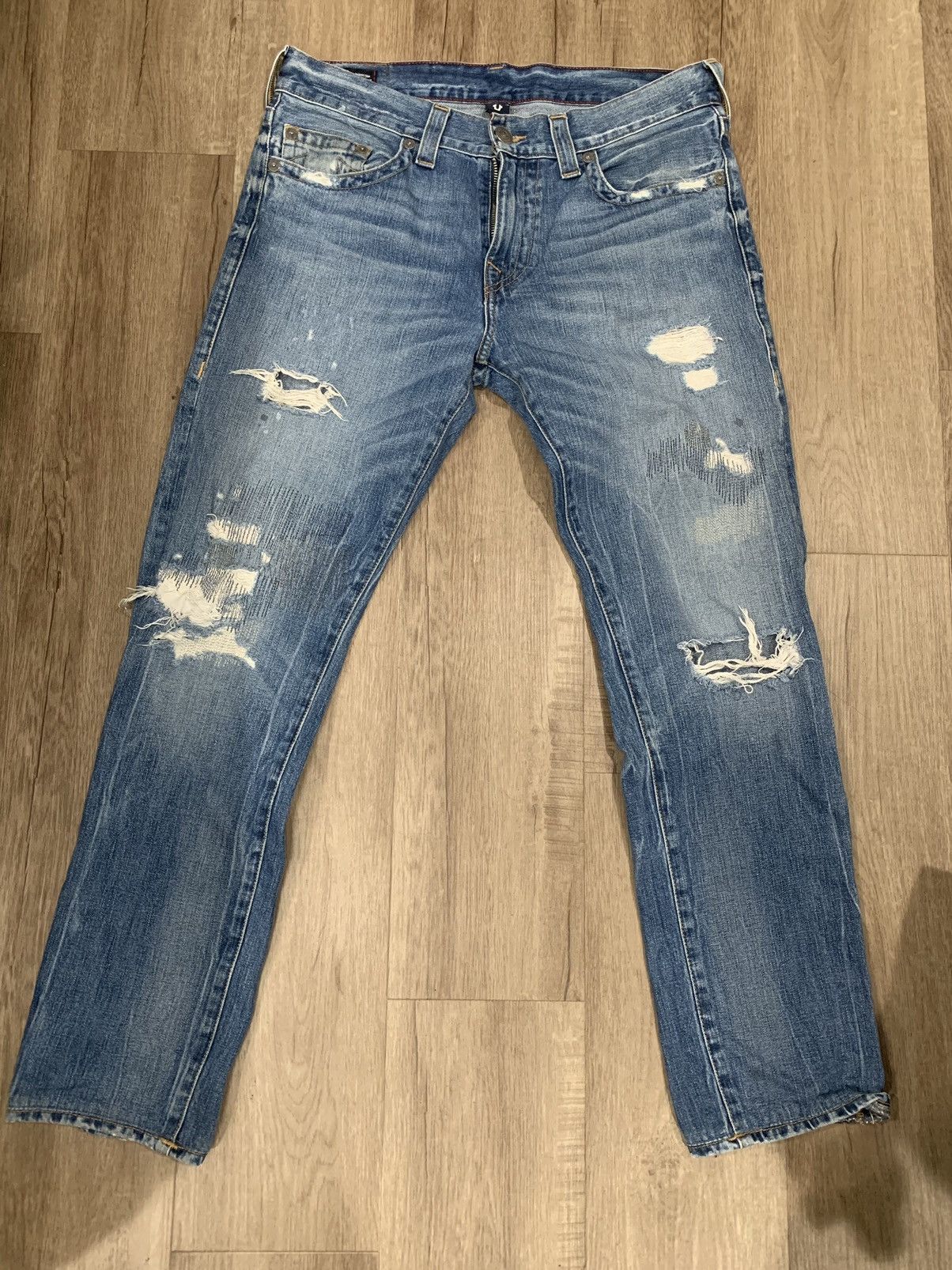 True Religion Geno Blue Distressed Repair Jeans