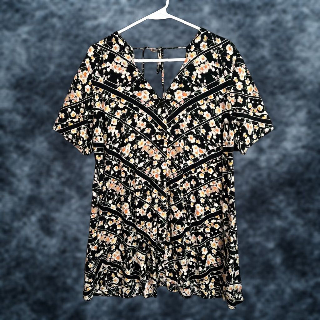 Vintage Motel Dress Shiny Floral V-Neck Short Sleeve Mini - Adult Womens Large Black - Party/Cocktail, 100% Viscose, Summer/Spring, Regular Size 36" / US 14 / IT 50 - 1 Thumbnail