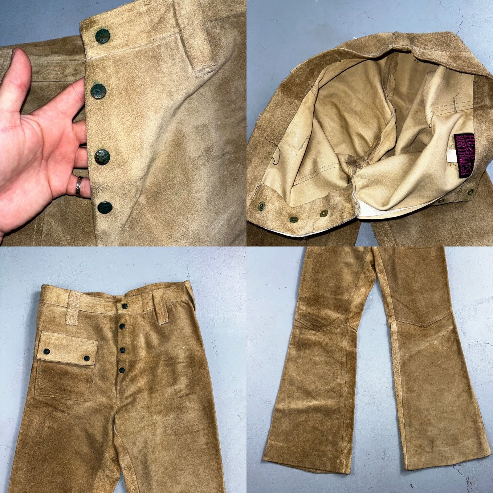 VINTAGE 1960s Leather Pants 28 Wide Leg Brown Rockabilly 60s Cowboy Suede 27x30