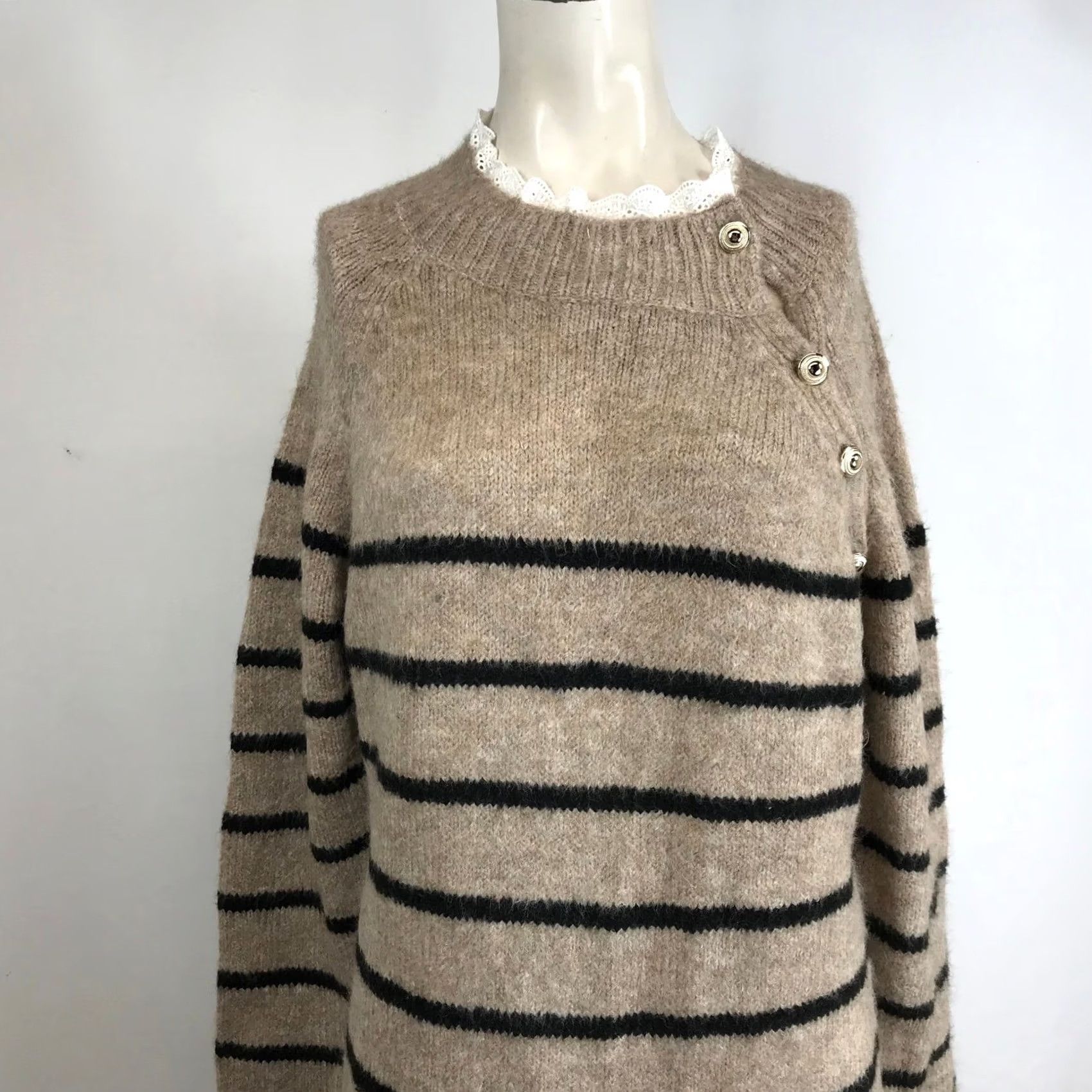 Vintage Striped Sweater Dress Women Casual Warm Tan Black SZ XL Long Sleeve Round Neck Knit Pullover Button Accents Bohemian Oversized Fall Winter Size XL / US 12-14 / IT 48-50 - 2 Thumbnail