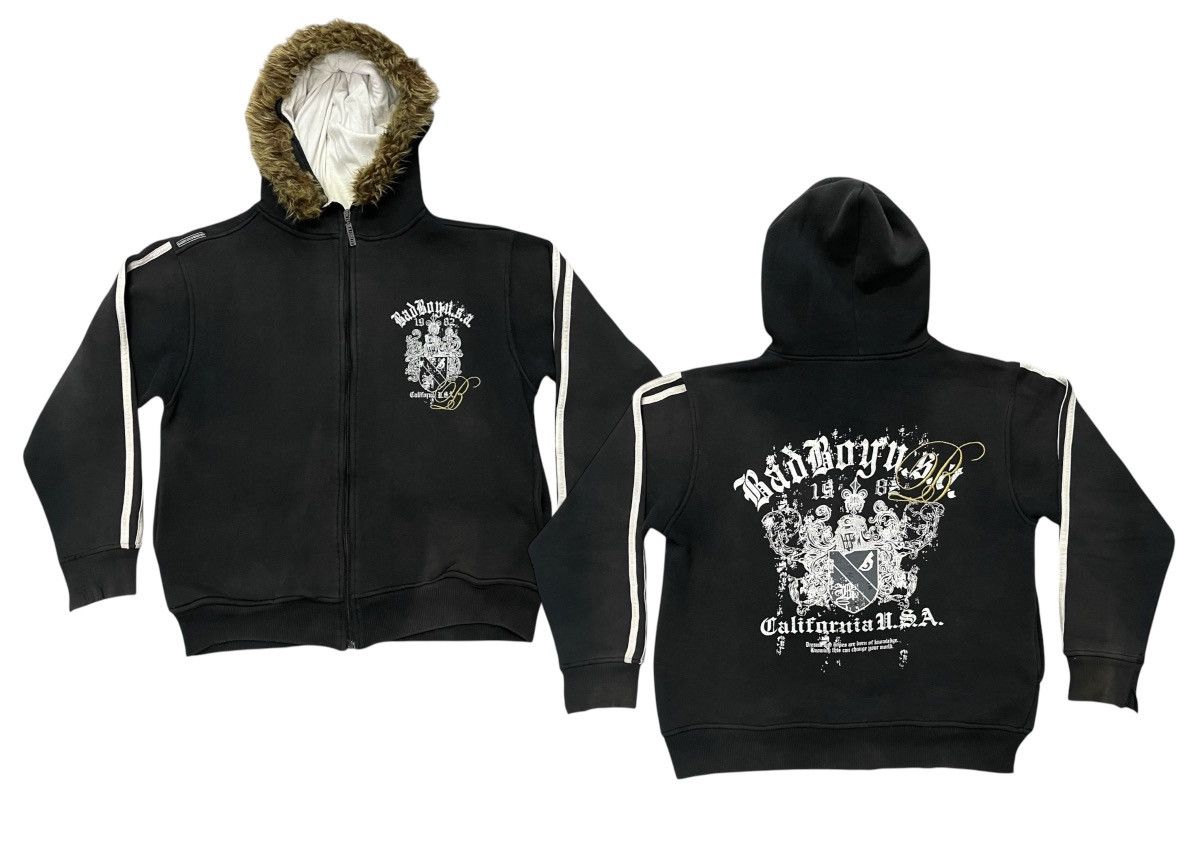 2000s BAD BOY FUR HOODIE ZIPPER SUN FADED DISTRESSED