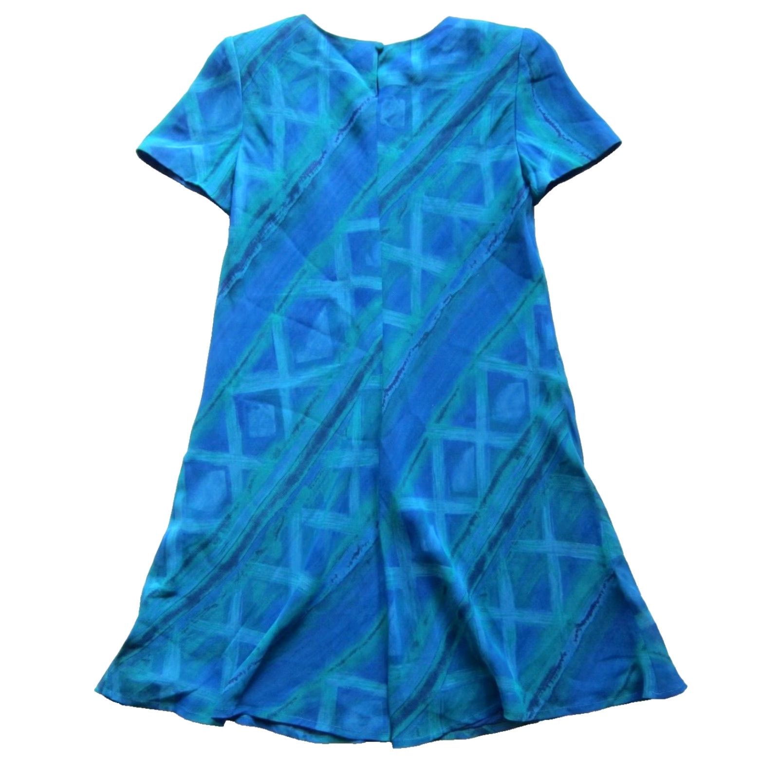 MAGGY LONDON VINTAGE Maggy London Dress Women 6 Blue Green 100% Rayon Short Sleeve Midi Shift Shirt/ Dress (Dress Length: Midi) Size 28" / US 6 / IT 42 - 2 Thumbnail
