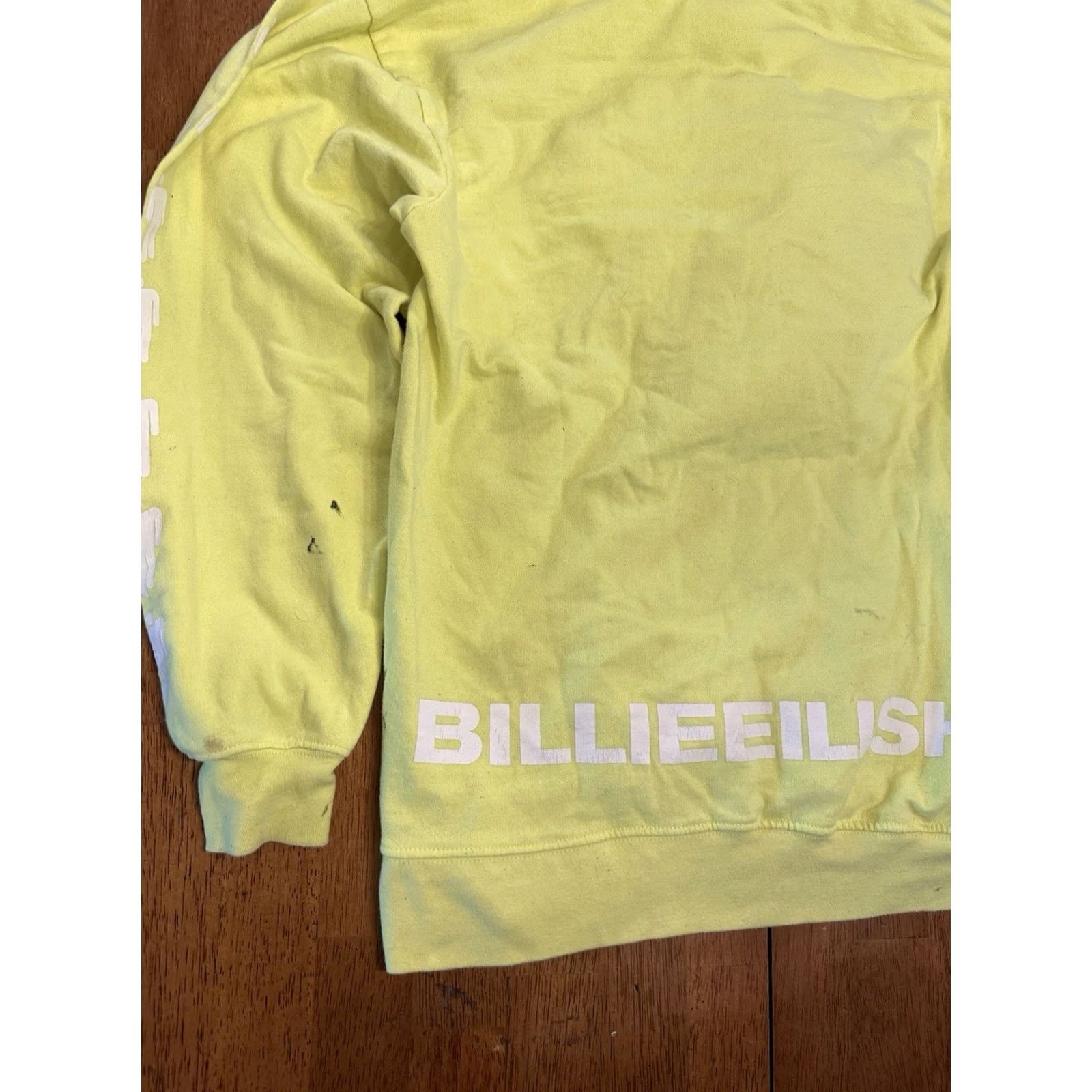 Vintage Billie Eilish Hoodie Sweatshirt Small 2020 Yellow Neon Stains Distress Womens Regular Hoodie Pullover Graphic Print Logo Pockets All Seasons VINTAGE? Size S / US 4 / IT 40 - 6 Thumbnail