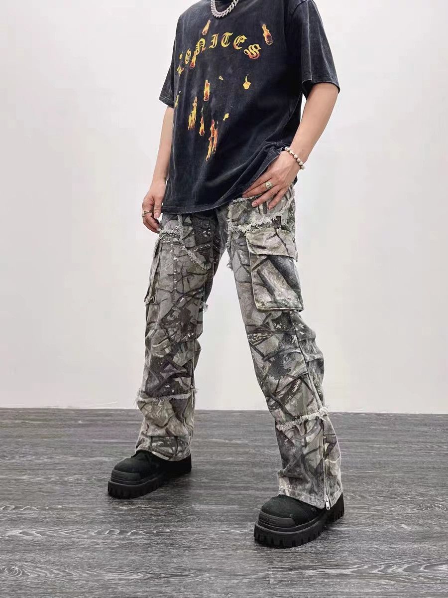Designer × Vintage Retro camouflage irregular raw edge work jeans Size US 34 / EU 50 - 4 Thumbnail