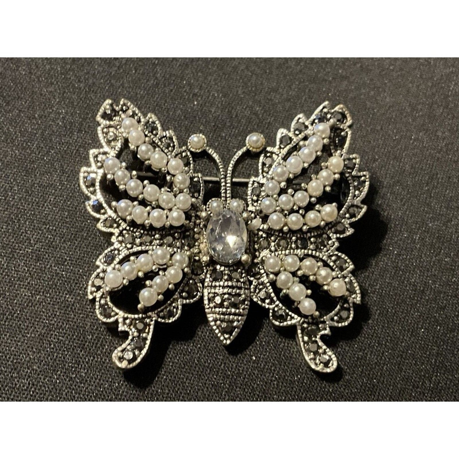 Other Faux Pearl, Marcasites & Rhinestone Silver Butterfly Brooch Size ONE SIZE - 1 Thumbnail