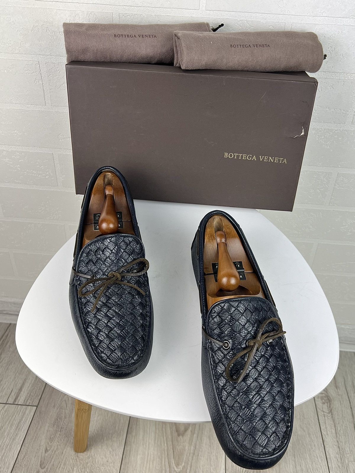 Bottega Veneta BOTTEGA VENETA Loafers Leather Shoes Woven Pleated Navy Mens Size US 10 / EU 43 - 1 Thumbnail