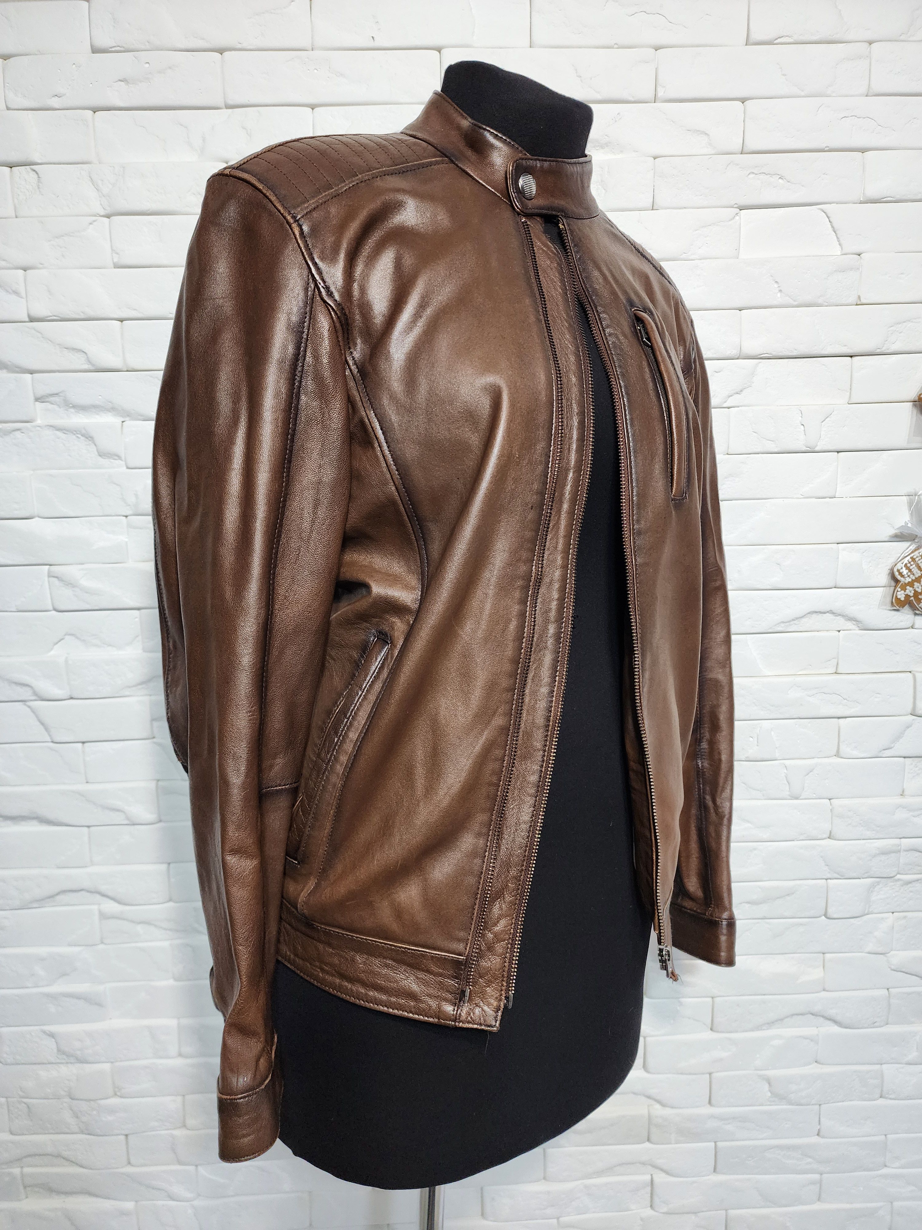Other Men's Brown Genuine Leather Jacket: Zip Front. Size US S / EU 44-46 / 1 - 3 Thumbnail