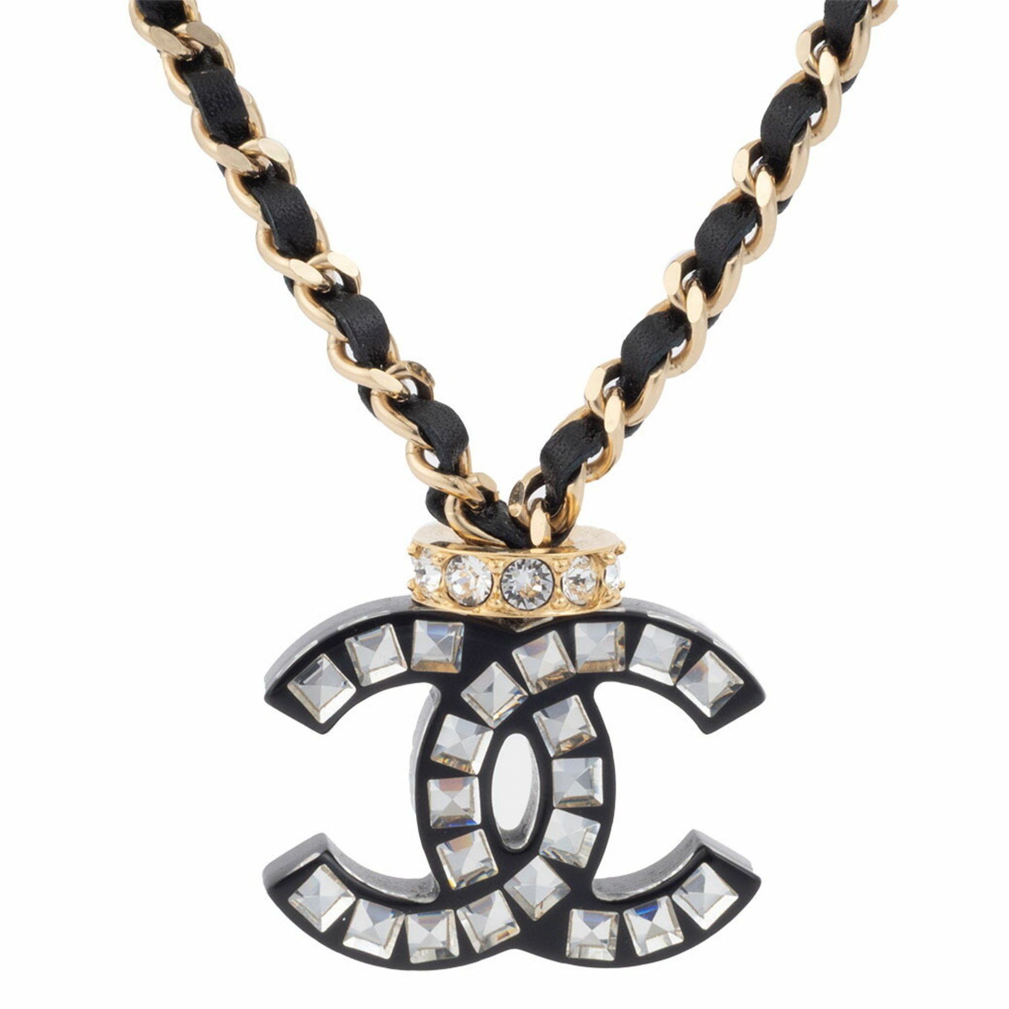 Chanel Coco Leather Choker Necklace Metal Rhinestone Black Gold Women's CHANEL